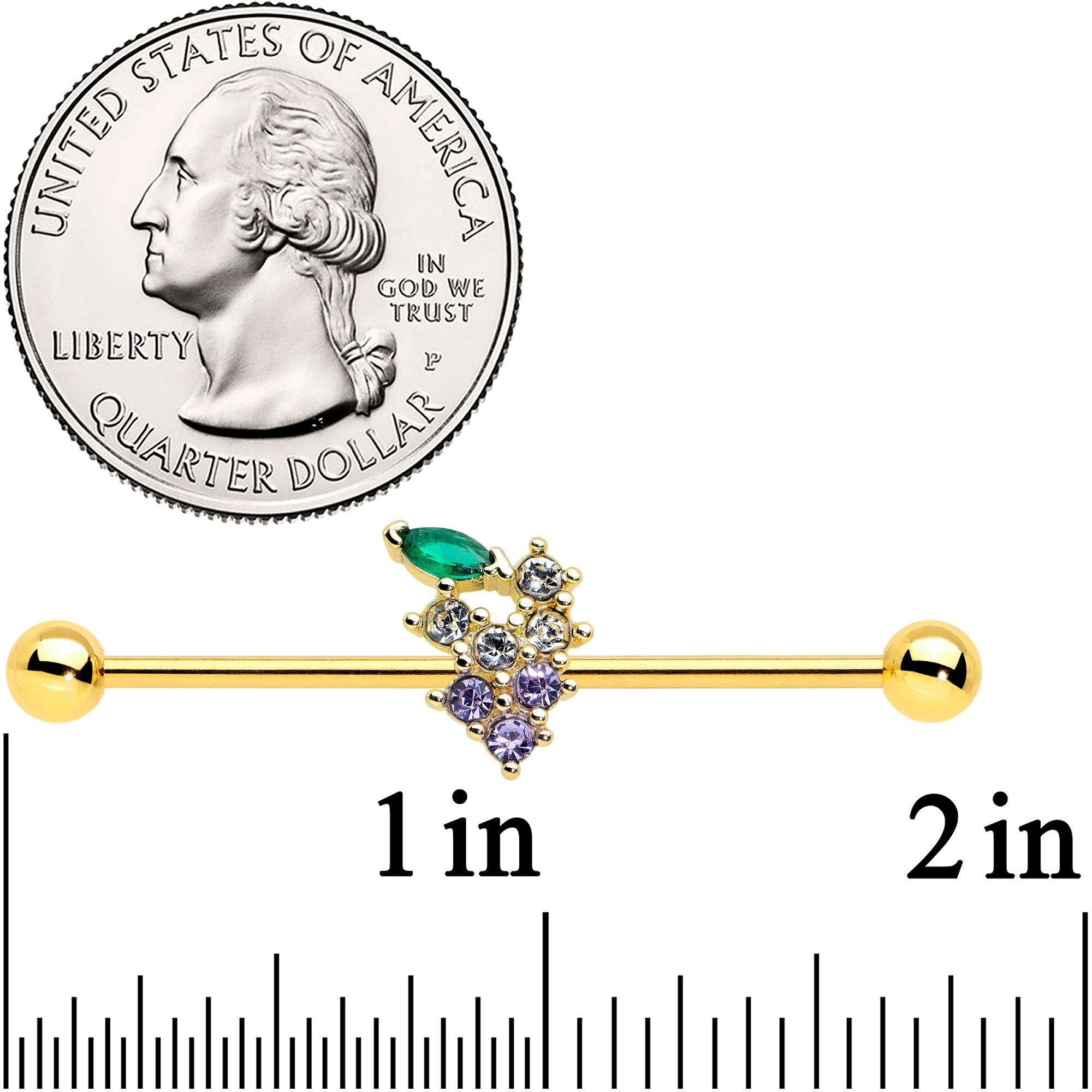 BodyCandy 14G Clear CZ Gem Gold Tone Bunch Grapes Industrial Barbell 38mm — detail close-up