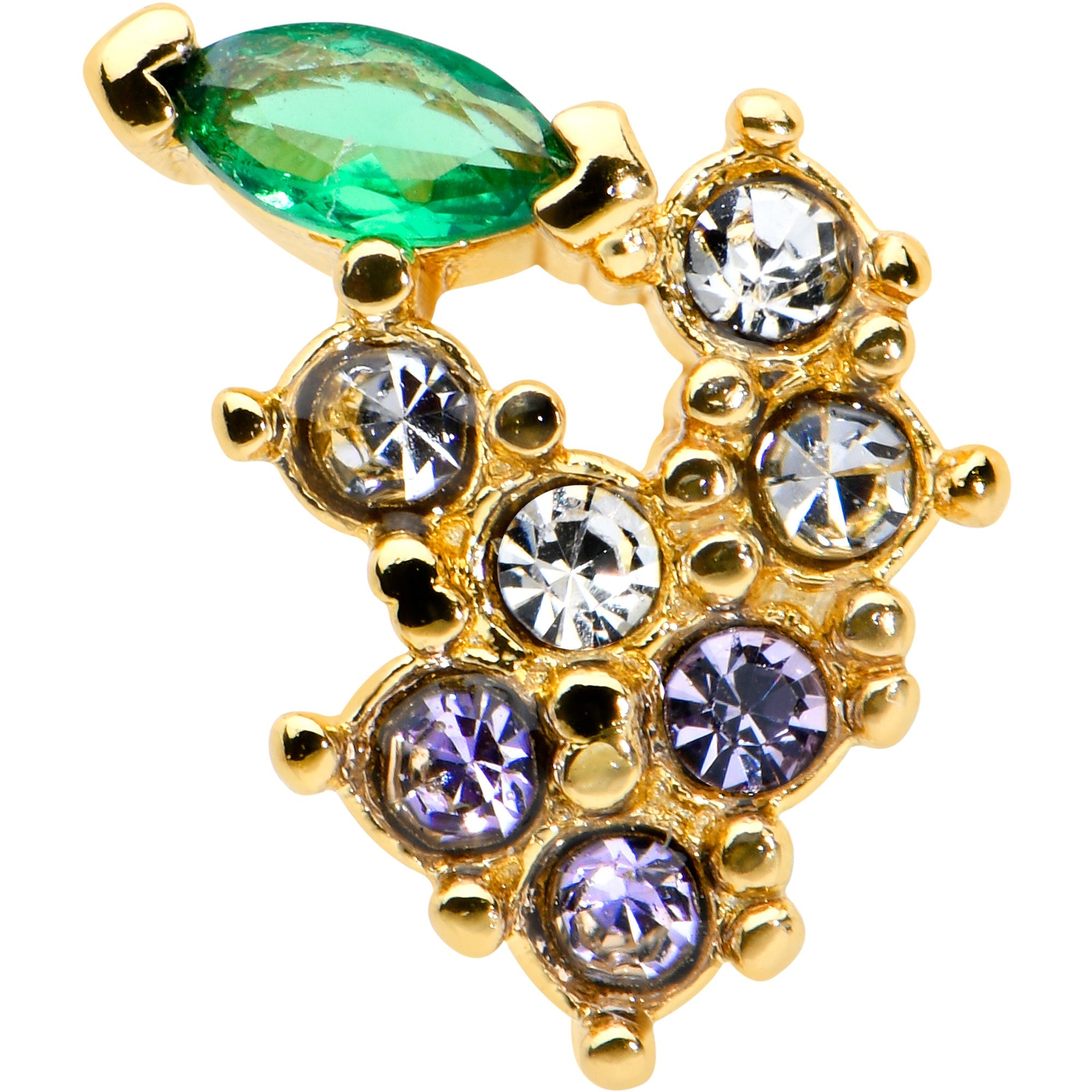 BodyCandy 20G 1/4 Clear Purple CZ Gem Gold Tone Bunch Grapes Nose Bone — detail close-up