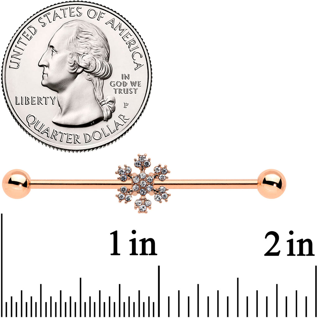 BodyCandy 14G Rose Gold Hue Snowflake Christmas Industrial Barbell 38mm — detail close-up