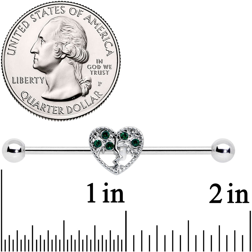 BodyCandy 14G Green Gem Heart Tree Valentines Day Industrial Barbell 38mm — detail close-up