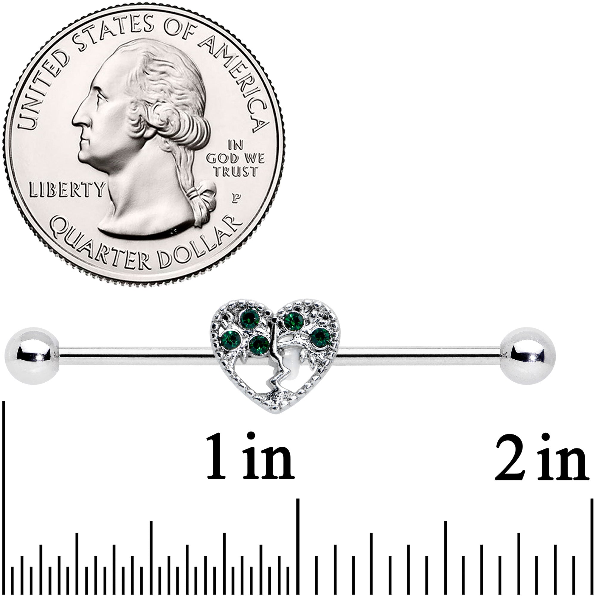 BodyCandy 14G Green Gem Heart Tree Valentines Day Industrial Barbell 38mm — detail close-up