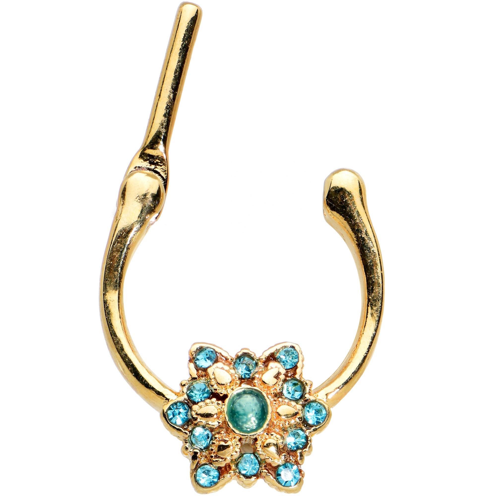 BodyCandy 16G 5/16 Blue Gem Gold Tone Snowflake Christmas Cartilage Clicker — detail close-up