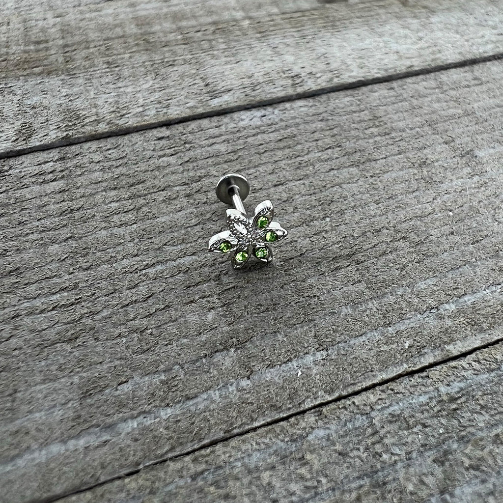 BodyCandy 16G 5/16 Green Gem Textured Pot Leaf Labret Monroe Tragus — back view