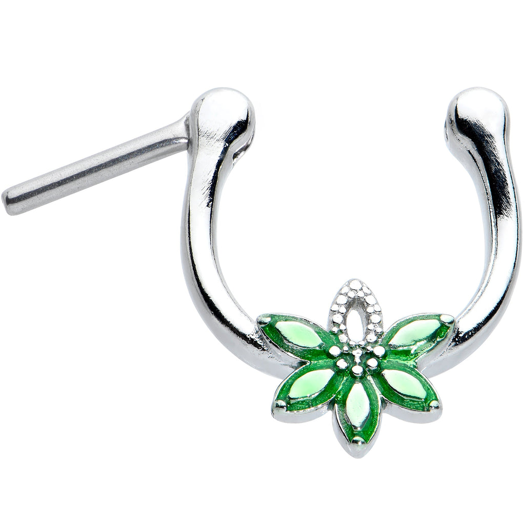 BodyCandy 16G 5/16 Green Gem Textured Pot Leaf Cartilage Clicker — detail close-up
