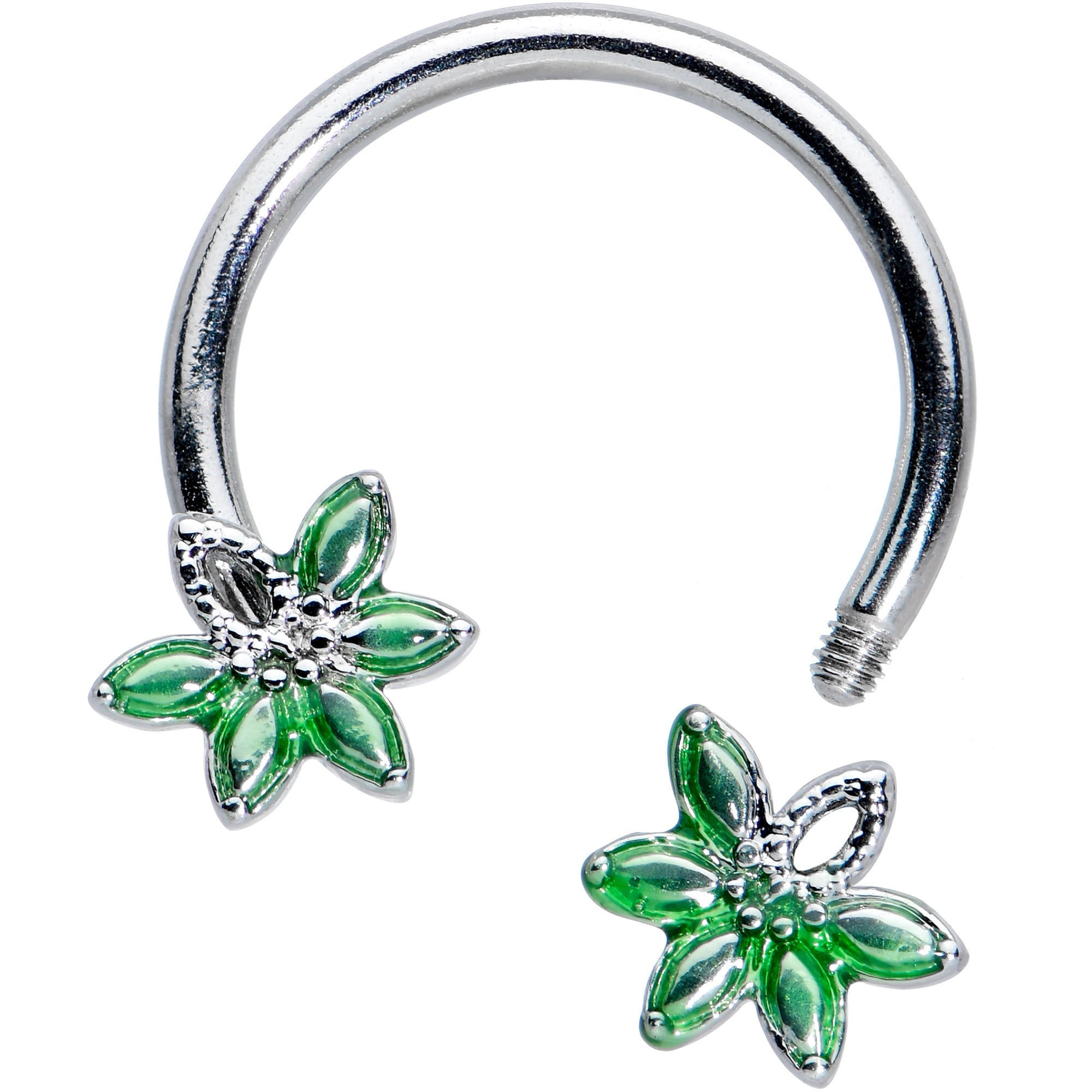 BodyCandy 16G 3/8 Green Gem Texture Loopy Pot Leaf Horseshoe Curved Barbell — detail close-up