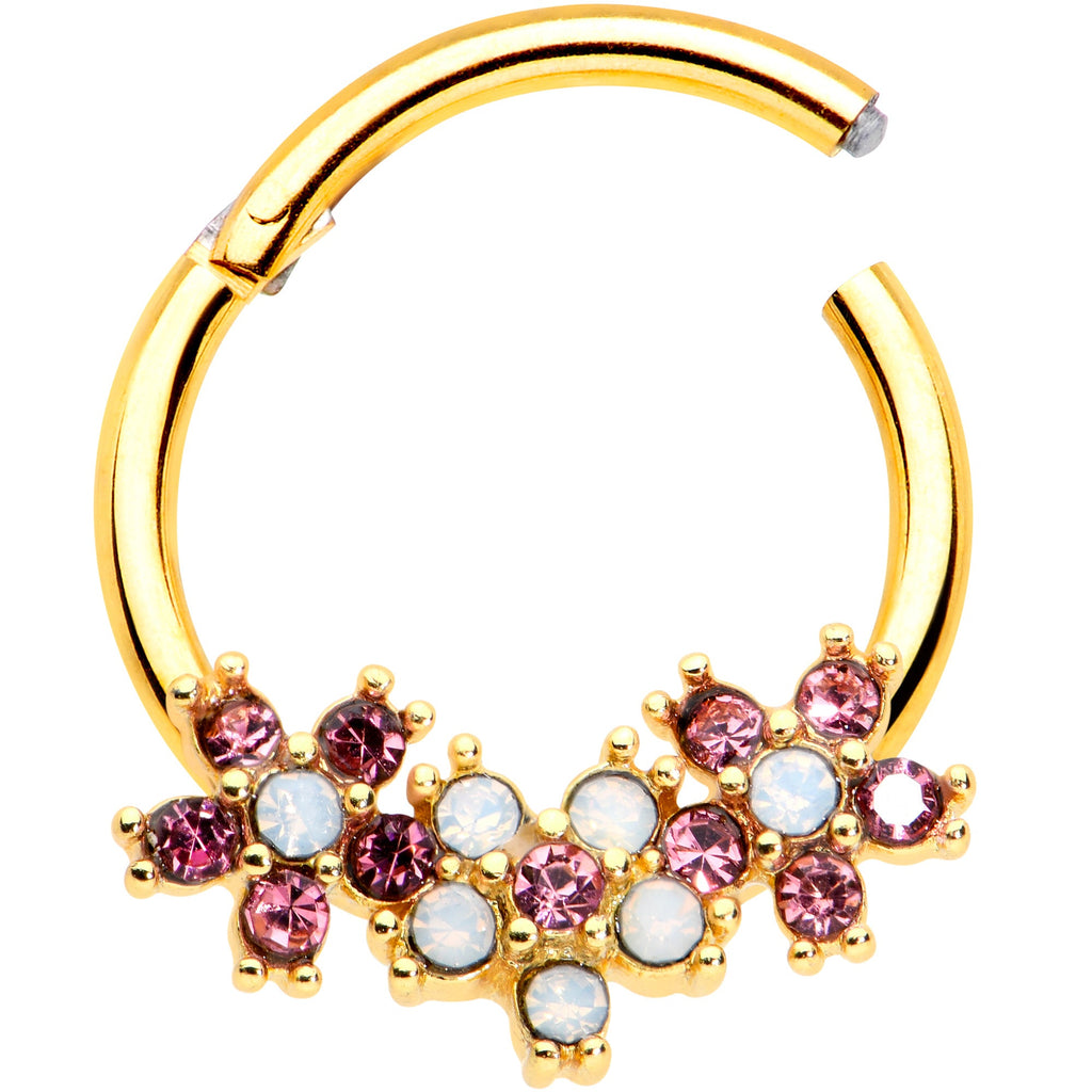 BodyCandy 16G 3/8 White Faux Opal Gold Hue Bunch Flower Hinged Segment Ring — detail close-up