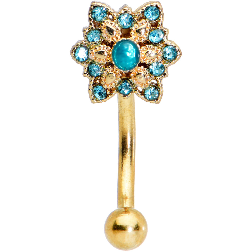BodyCandy 16G 5/16 Blue Gem Gold Tone Snowflake Christmas Eyebrow Ring — detail close-up