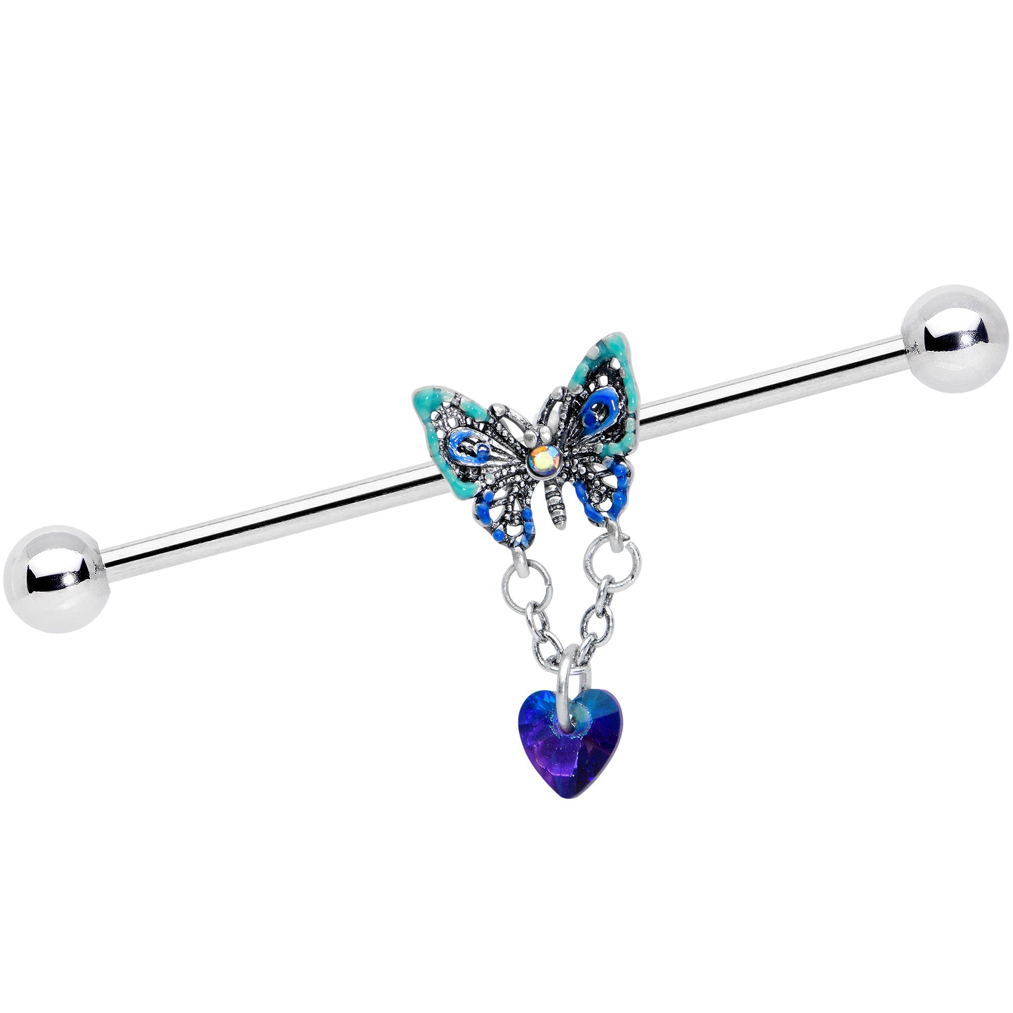 BodyCandy 14G Blue Gem Heart Butterfly Dangle Industrial Barbell 38mm — main product shot