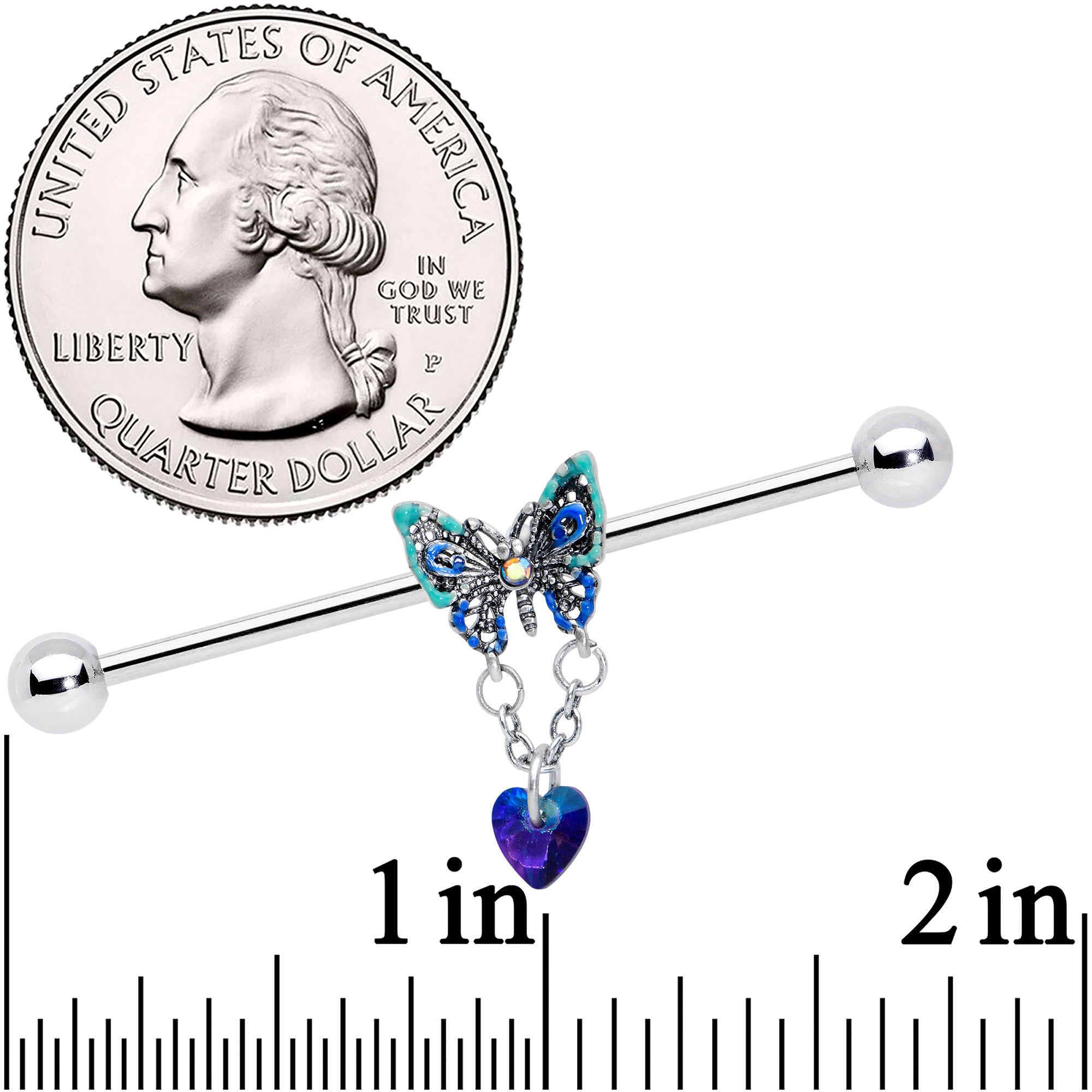 BodyCandy 14G Blue Gem Heart Butterfly Dangle Industrial Barbell 38mm — detail close-up