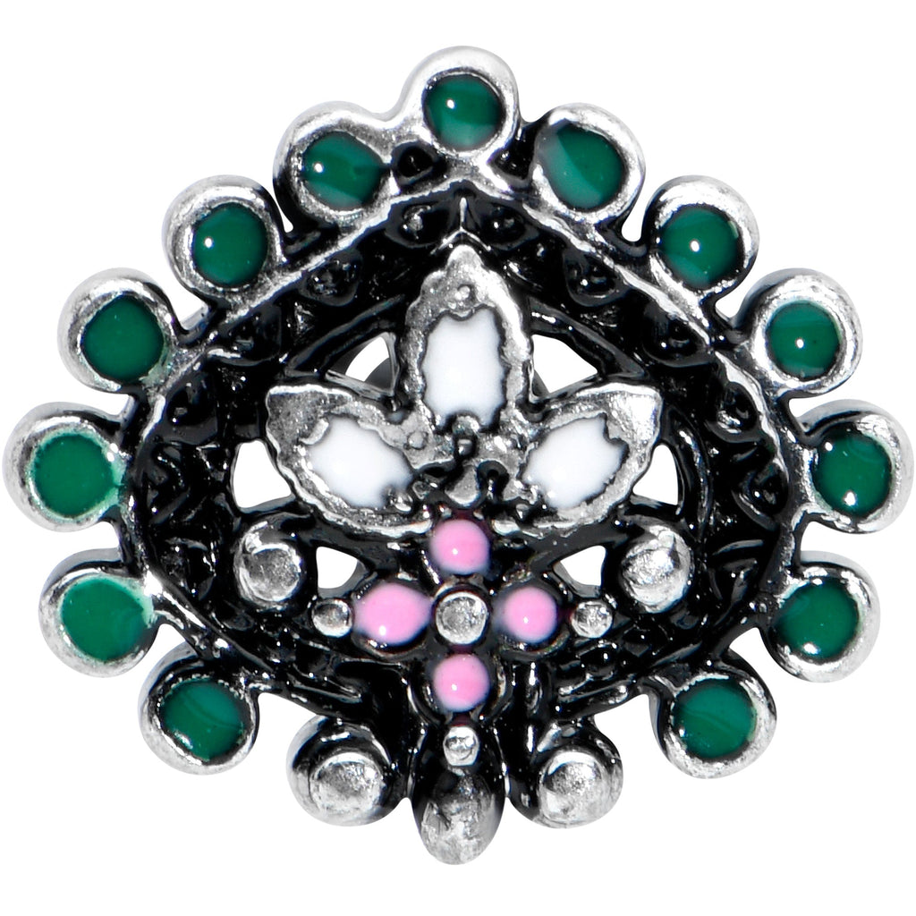 BodyCandy 16G 5/16 Stylized Pink Green Abstract Leaf Labret Monroe Tragus — detail close-up