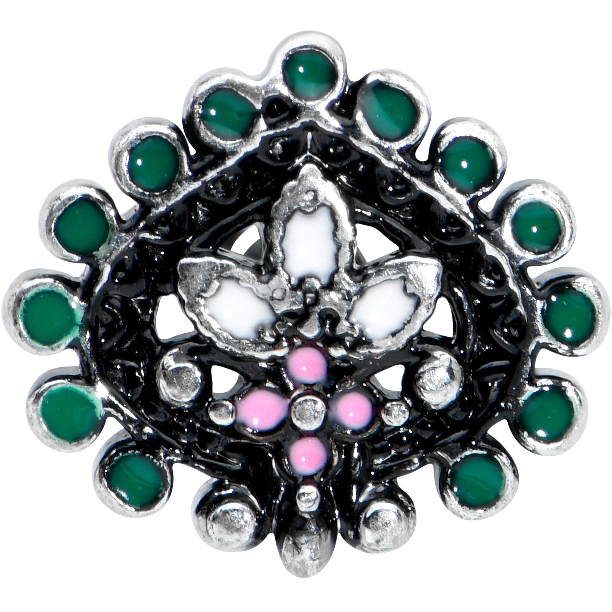 BodyCandy 16G 5/16 Stylized Pink Green Abstract Leaf Labret Monroe Tragus — detail close-up