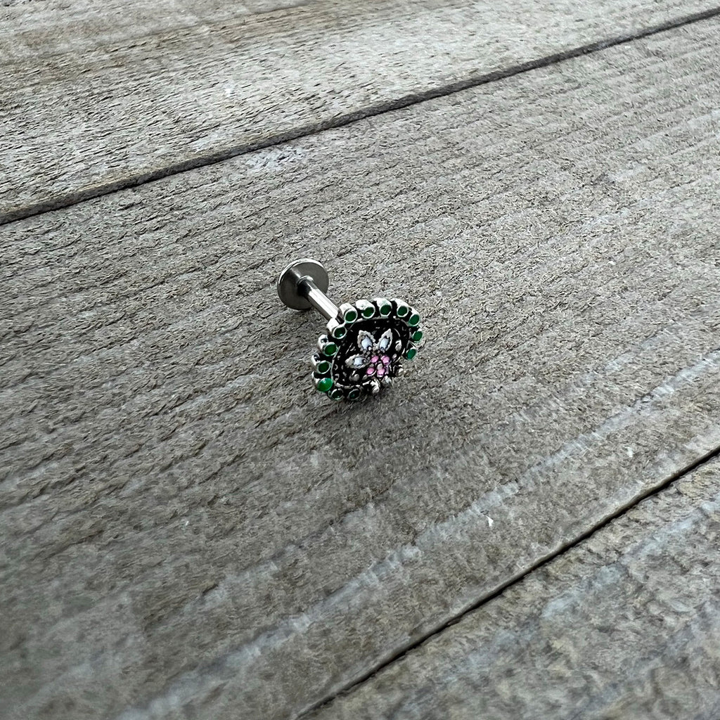 BodyCandy 16G 5/16 Stylized Pink Green Abstract Leaf Labret Monroe Tragus — back view