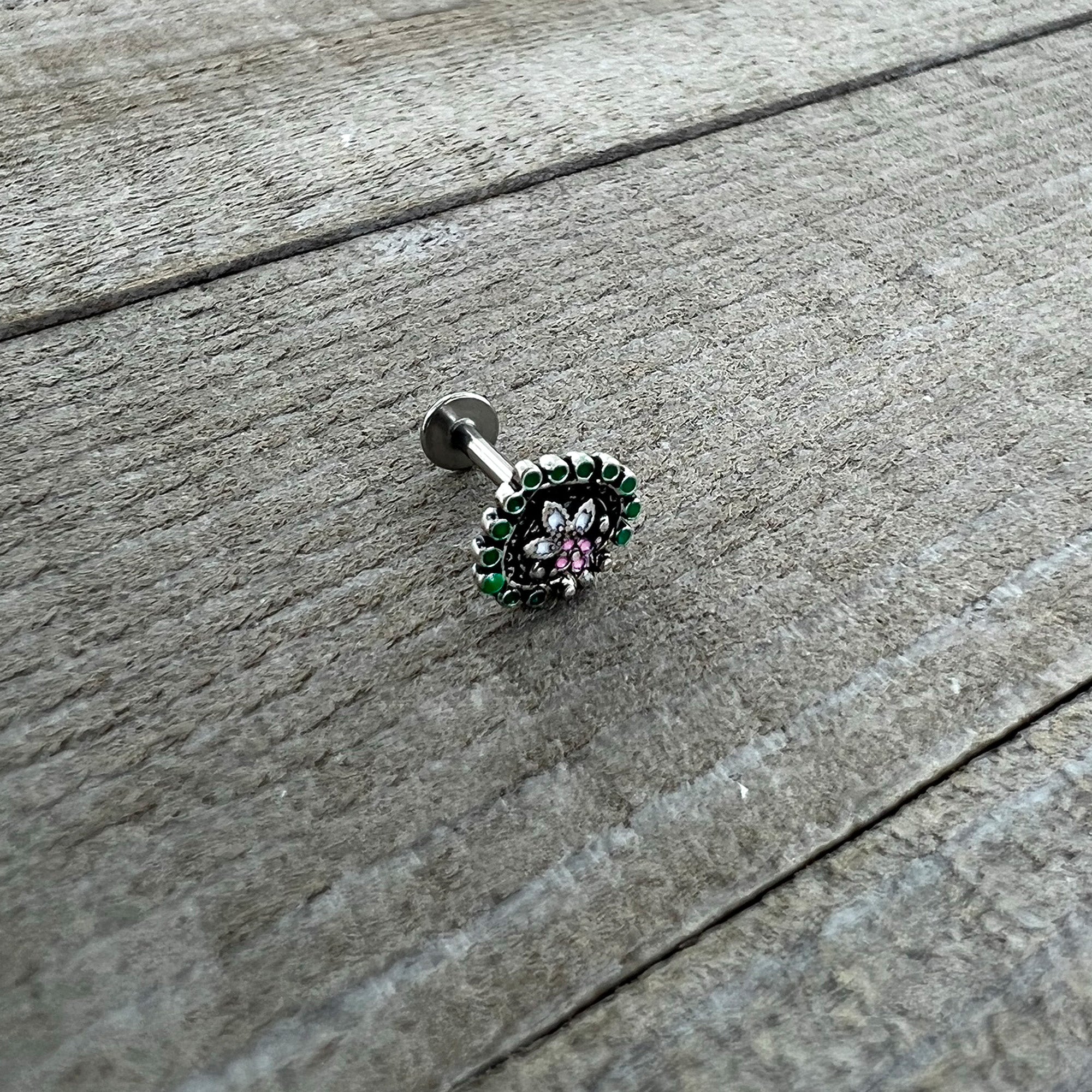 BodyCandy 16G 5/16 Stylized Pink Green Abstract Leaf Labret Monroe Tragus — back view