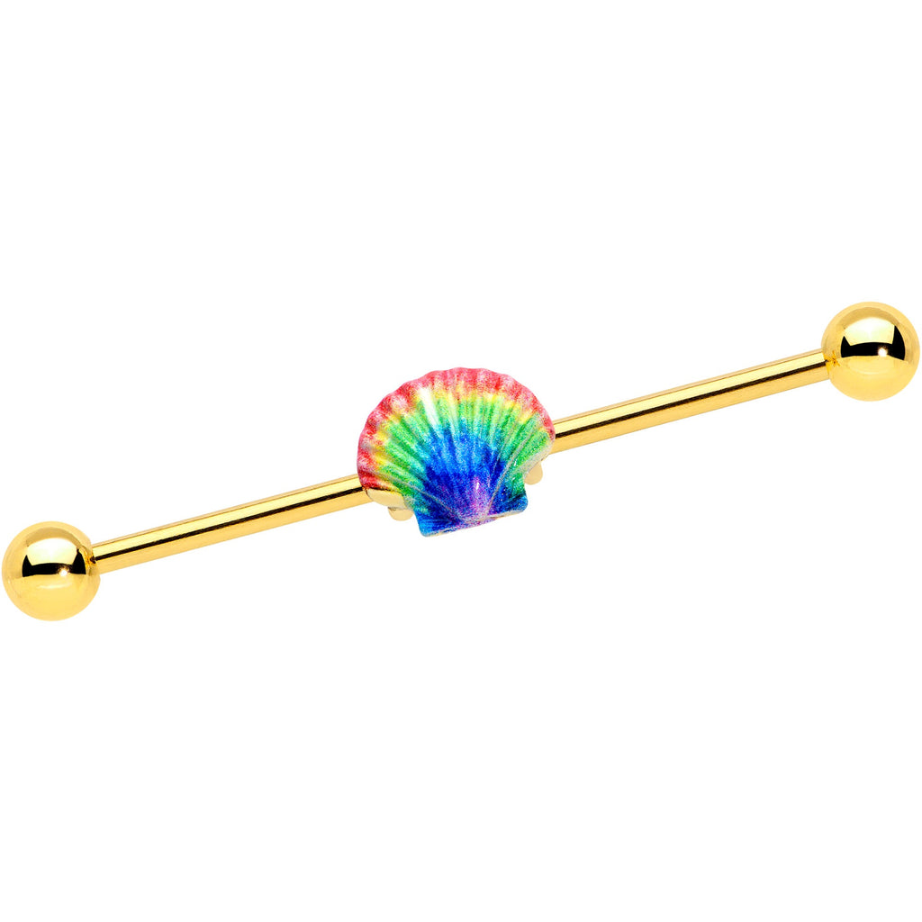 BodyCandy 14G Gold Tone Rainbow Scallop Shell Industrial Barbell 38mm — main product shot