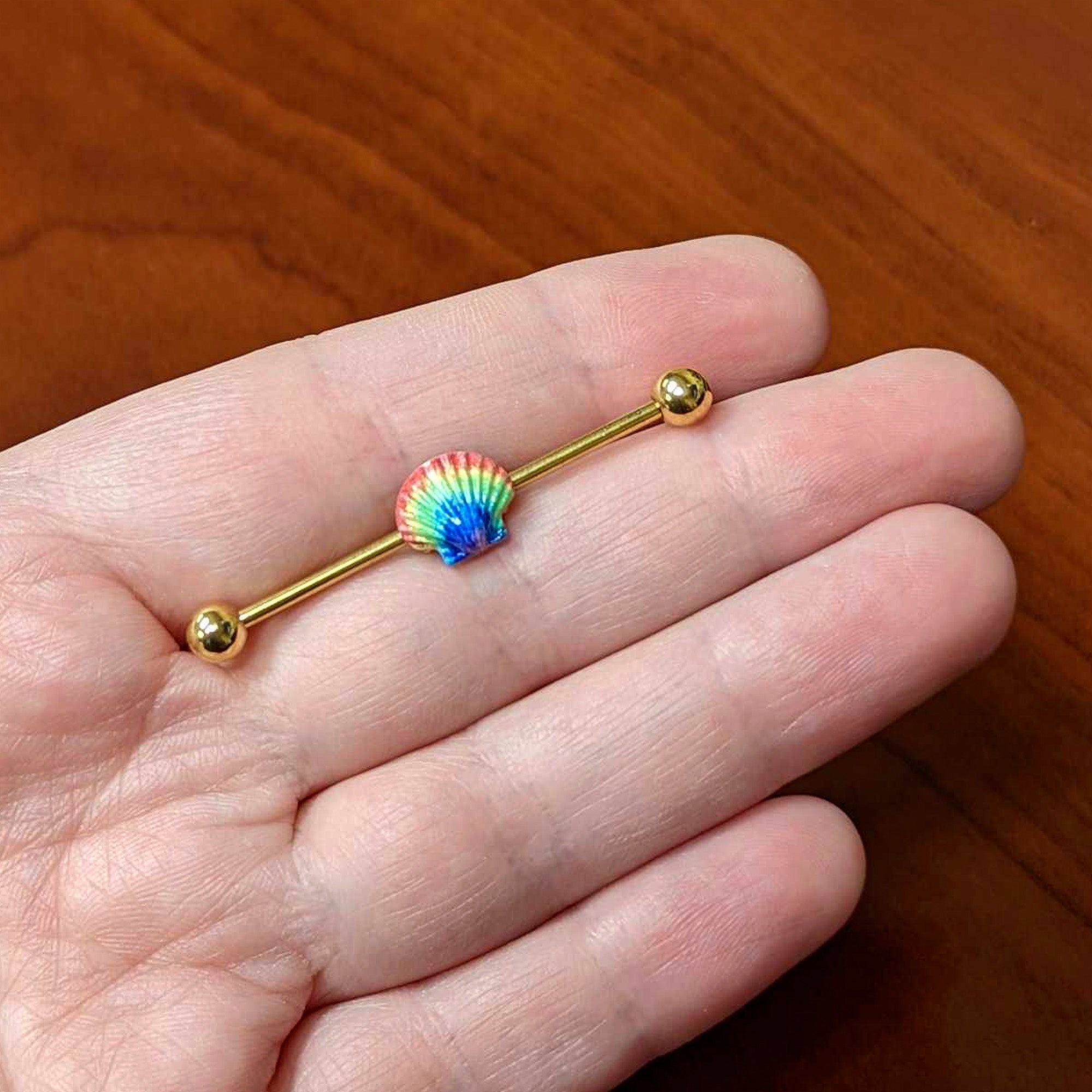 BodyCandy 14G Gold Tone Rainbow Scallop Shell Industrial Barbell 38mm — lifestyle context