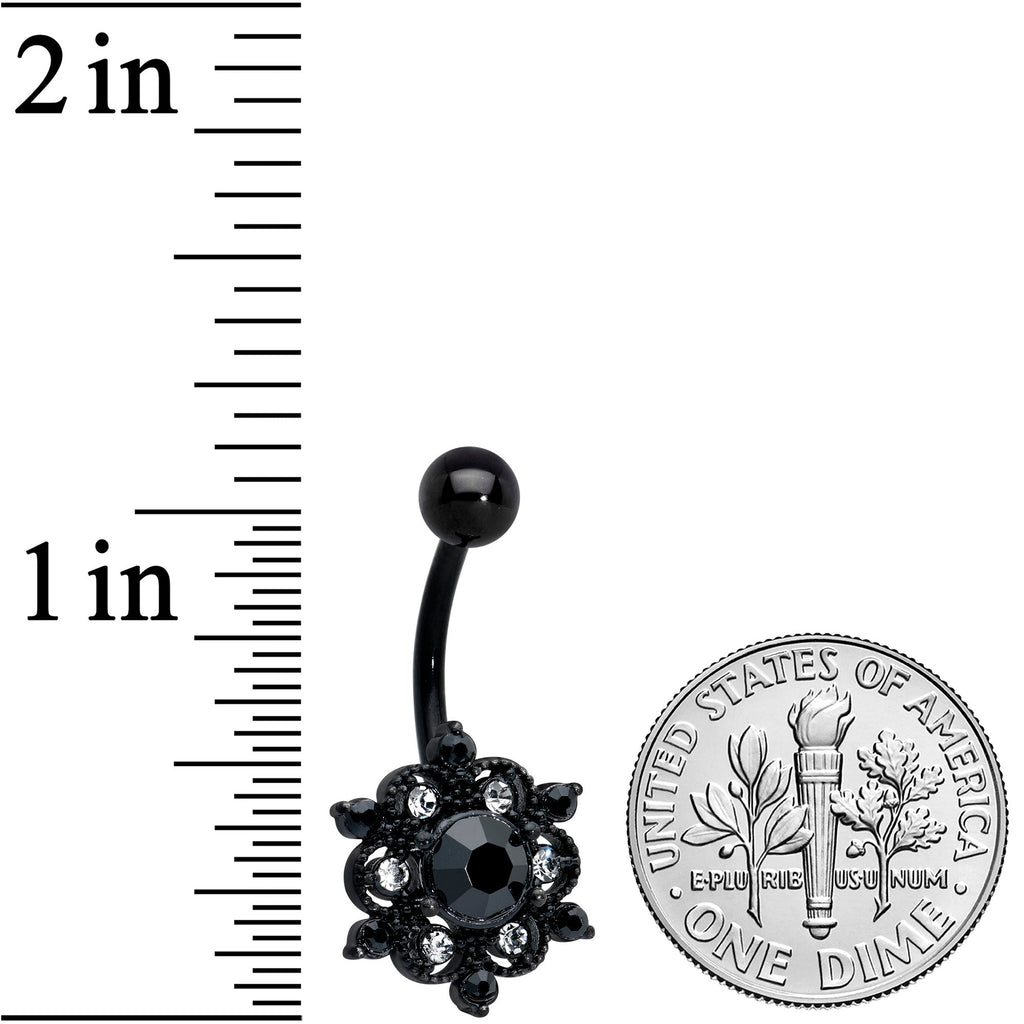 BodyCandy Clear Black CZ Gem Black Abstract Sun Belly Ring — detail close-up