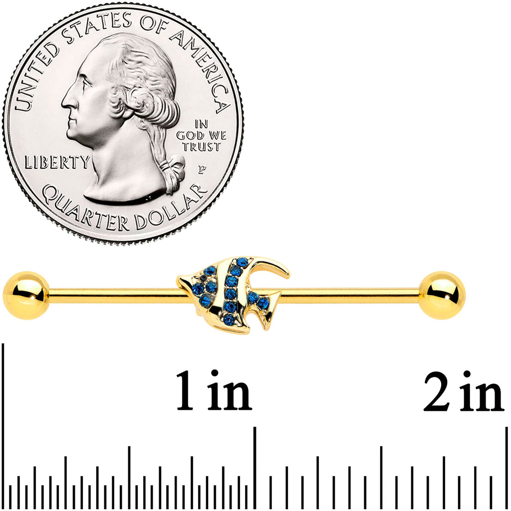 BodyCandy 14G Blue Gem Gold Tone Adorable Angelfish Industrial Barbell 38mm — detail close-up