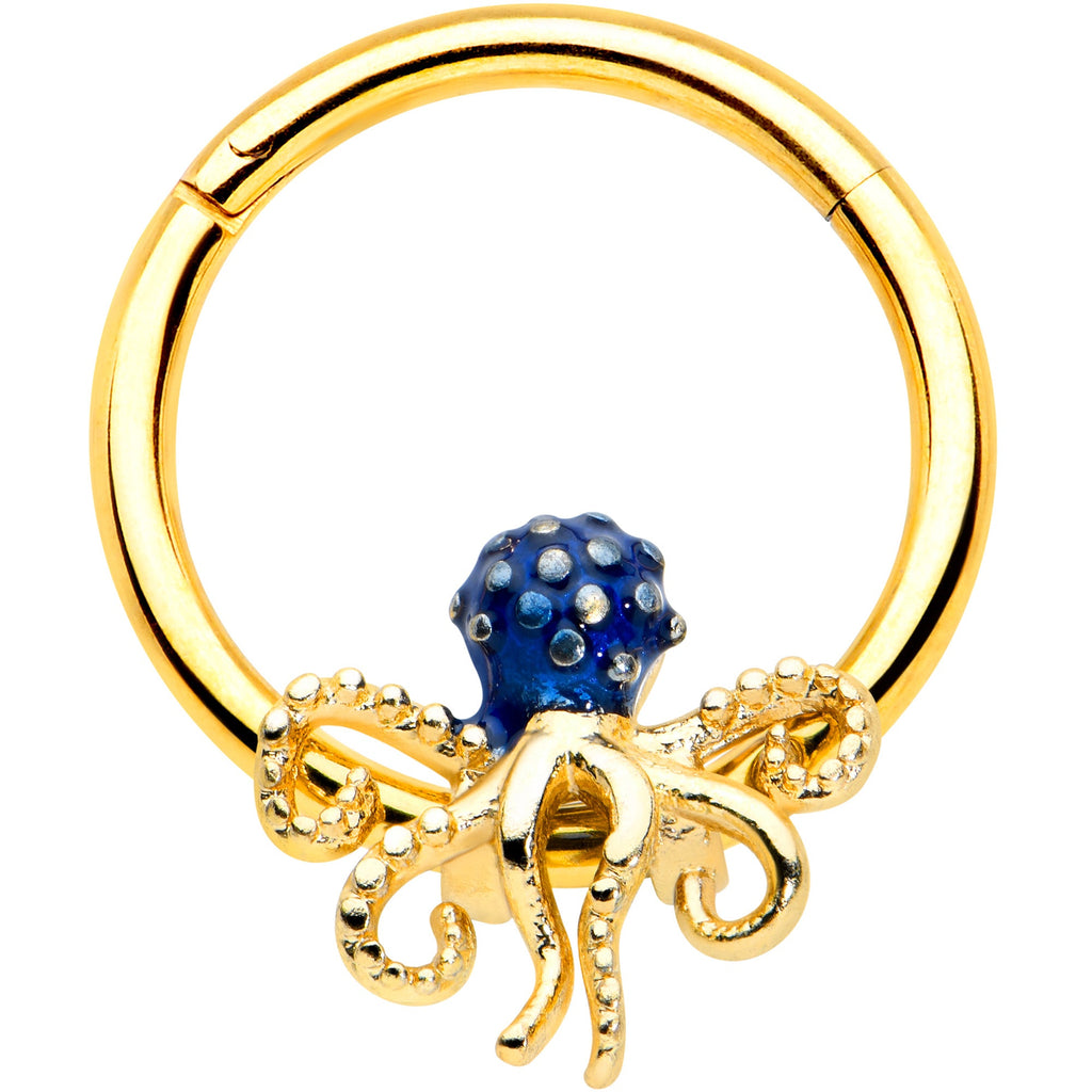 BodyCandy 16G 3/8 Gold Tone Textured Blue Octopus Hinged Segment Ring — main product shot