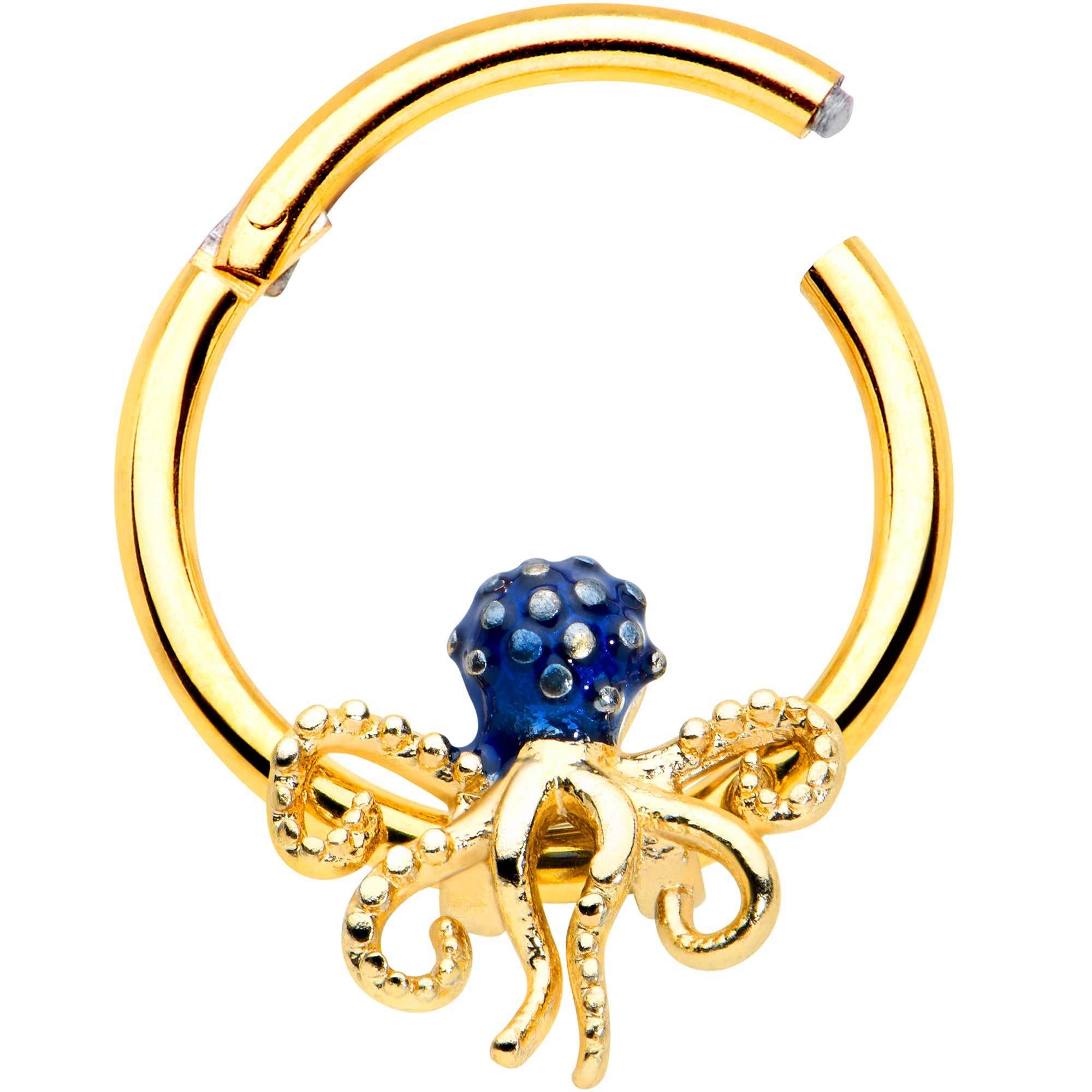 BodyCandy 16G 3/8 Gold Tone Textured Blue Octopus Hinged Segment Ring — detail close-up