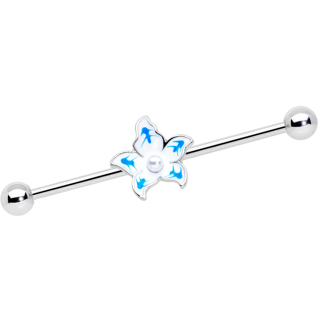 BodyCandy 14G Pearly White Orb Blue Flower Industrial Barbell 38mm — main product shot