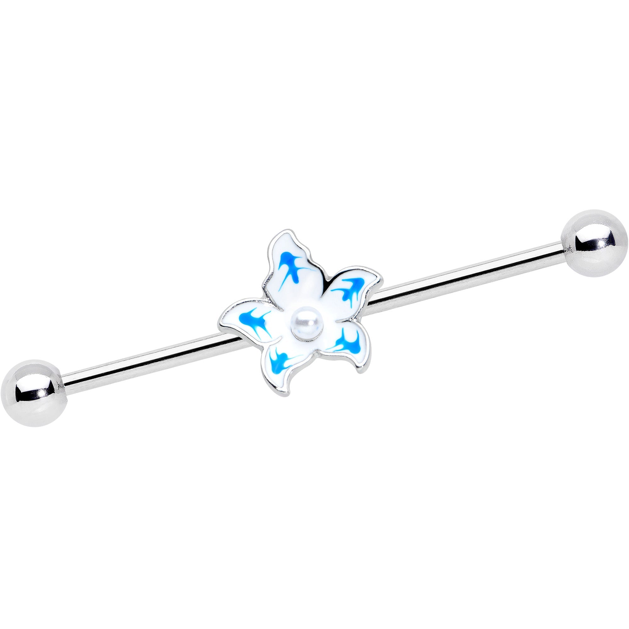 BodyCandy 14G Pearly White Orb Blue Flower Industrial Barbell 38mm — main product shot