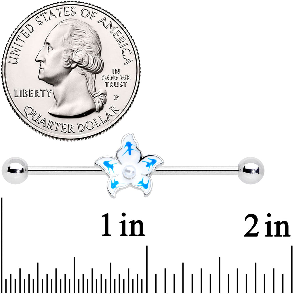 BodyCandy 14G Pearly White Orb Blue Flower Industrial Barbell 38mm — detail close-up