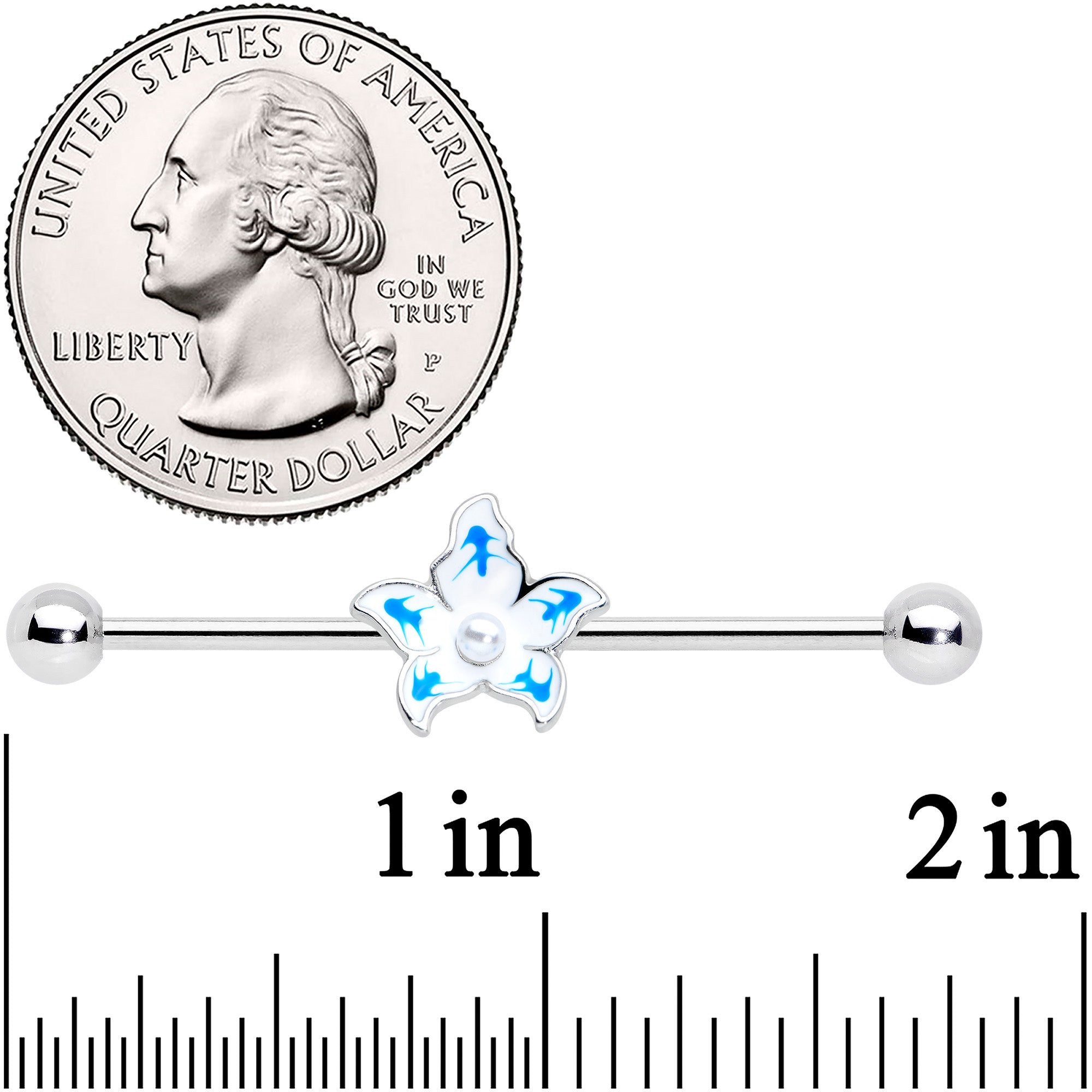 BodyCandy 14G Pearly White Orb Blue Flower Industrial Barbell 38mm — detail close-up
