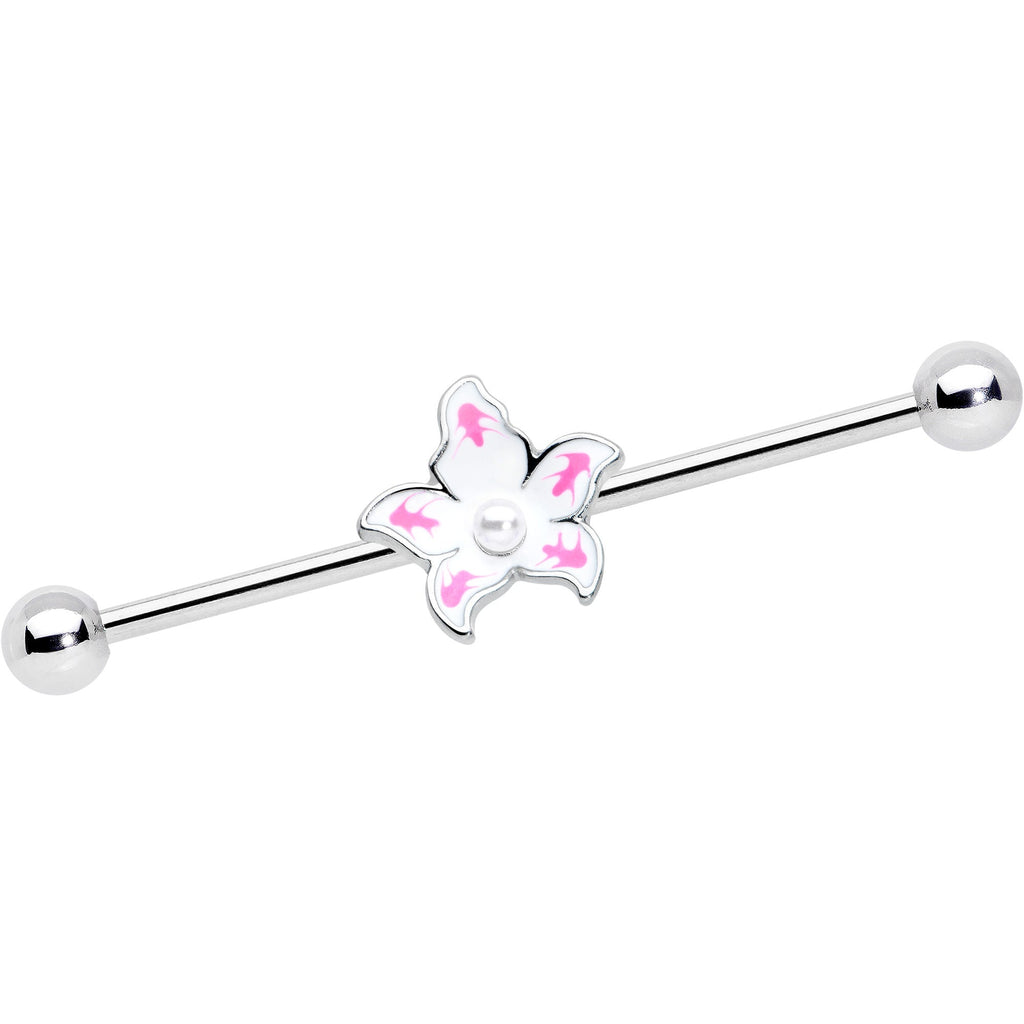 BodyCandy 14G Pearly White Orb Pink Flower Industrial Barbell 38mm — main product shot
