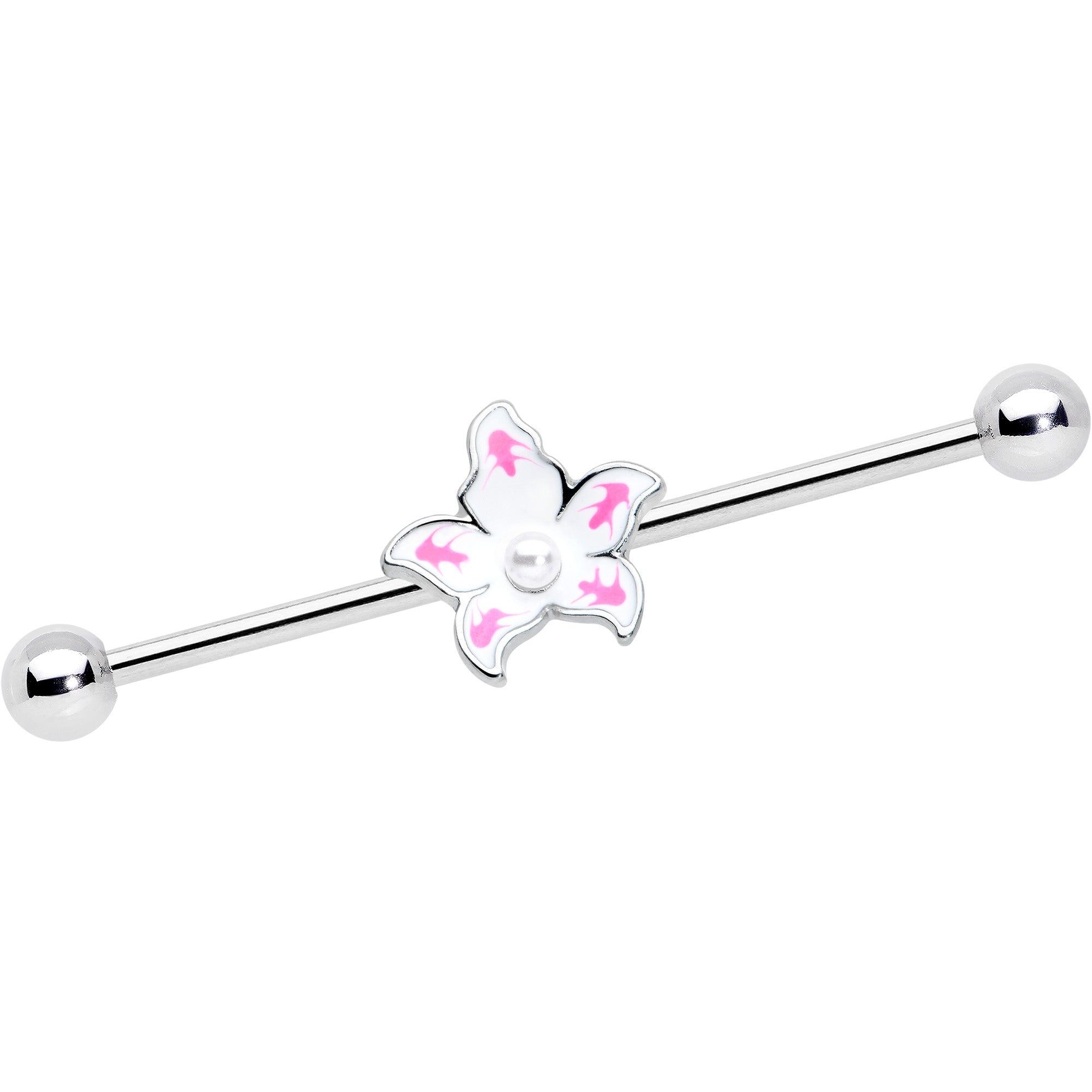 BodyCandy 14G Pearly White Orb Pink Flower Industrial Barbell 38mm — main product shot