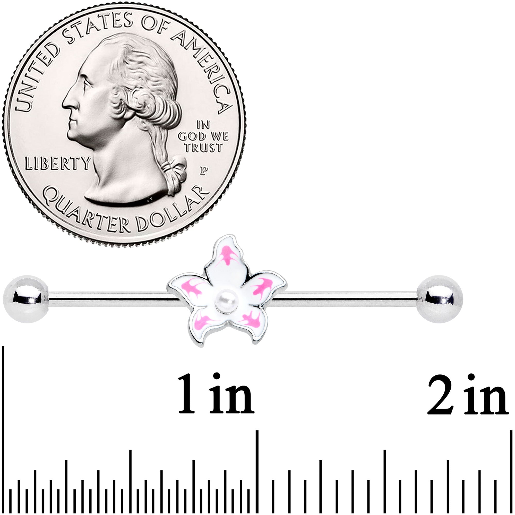 BodyCandy 14G Pearly White Orb Pink Flower Industrial Barbell 38mm — detail close-up