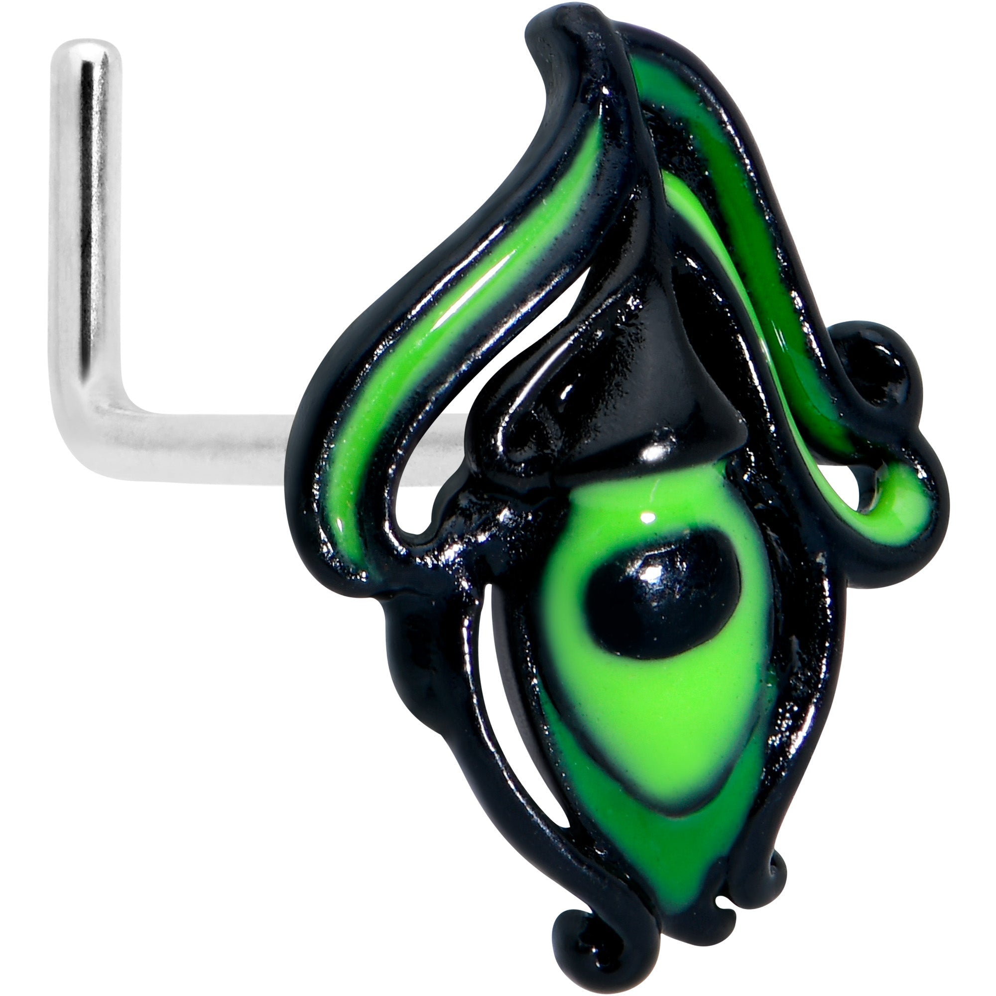 BodyCandy 20G 7mm Striking Black Peacock Feather L Shape Nose Ring — main product shot