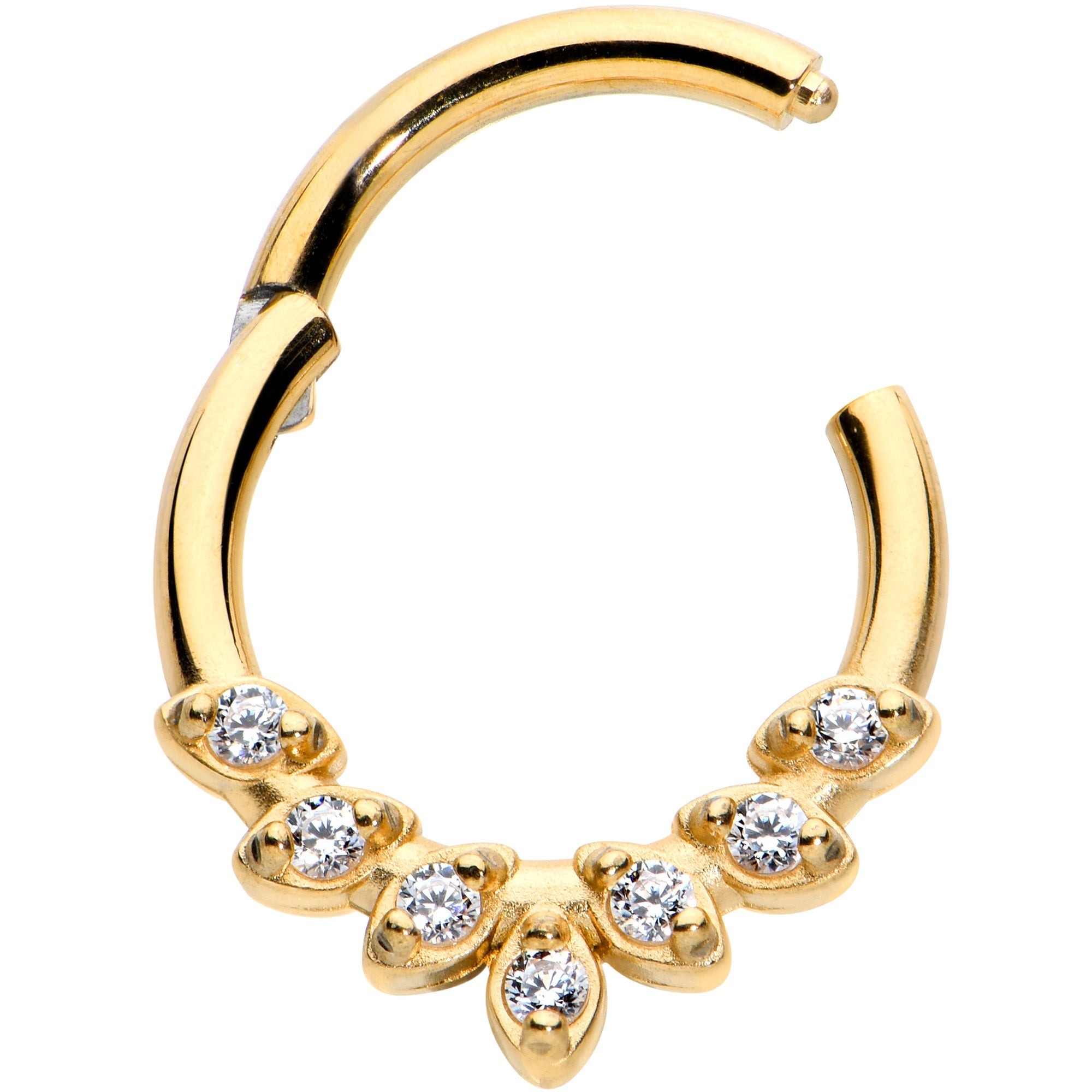 BodyCandy 16G 5/16 Clear CZ Gem Gold Tone Seven Leaf Hinged Segment Ring — detail close-up