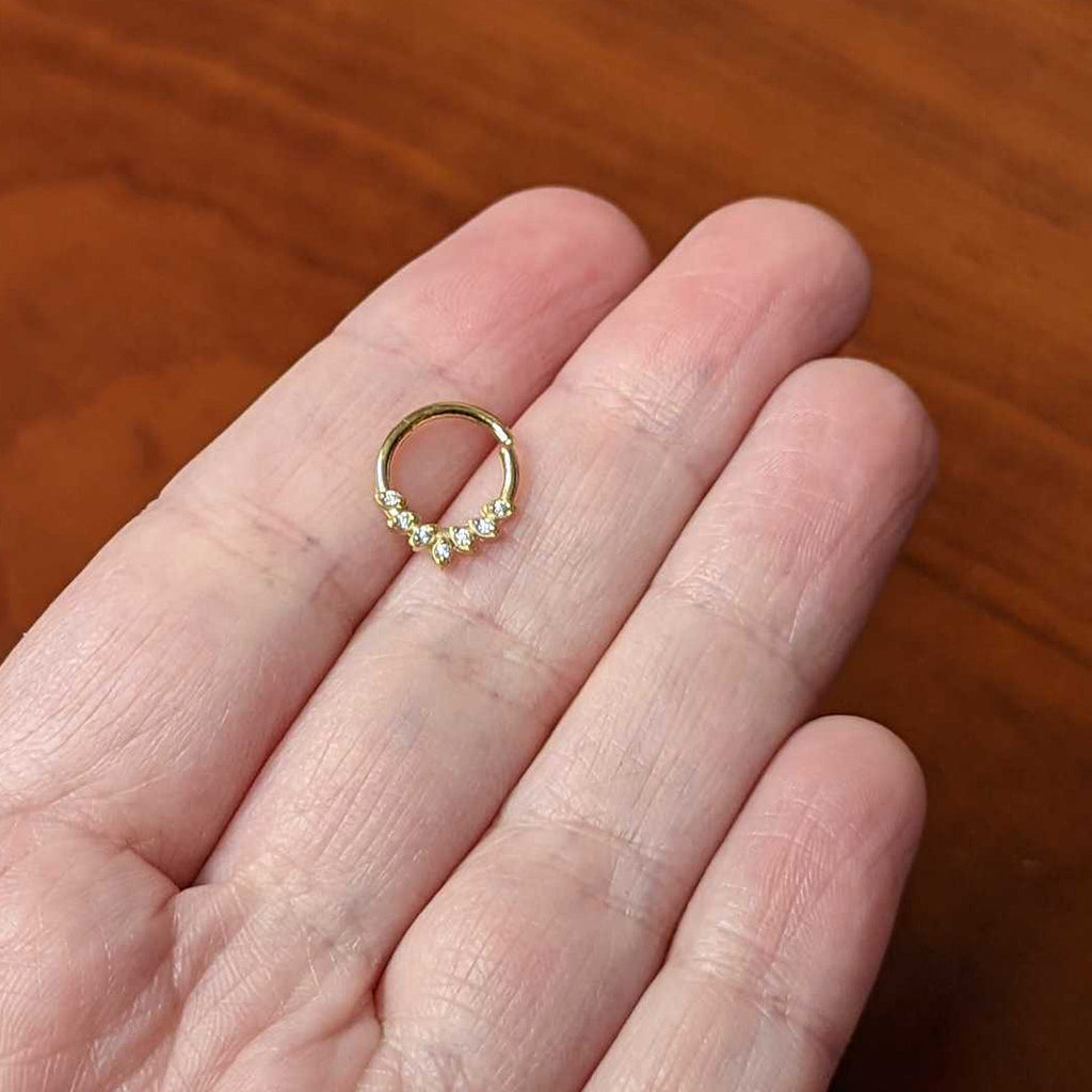 BodyCandy 16G 5/16 Clear CZ Gem Gold Tone Seven Leaf Hinged Segment Ring — side view
