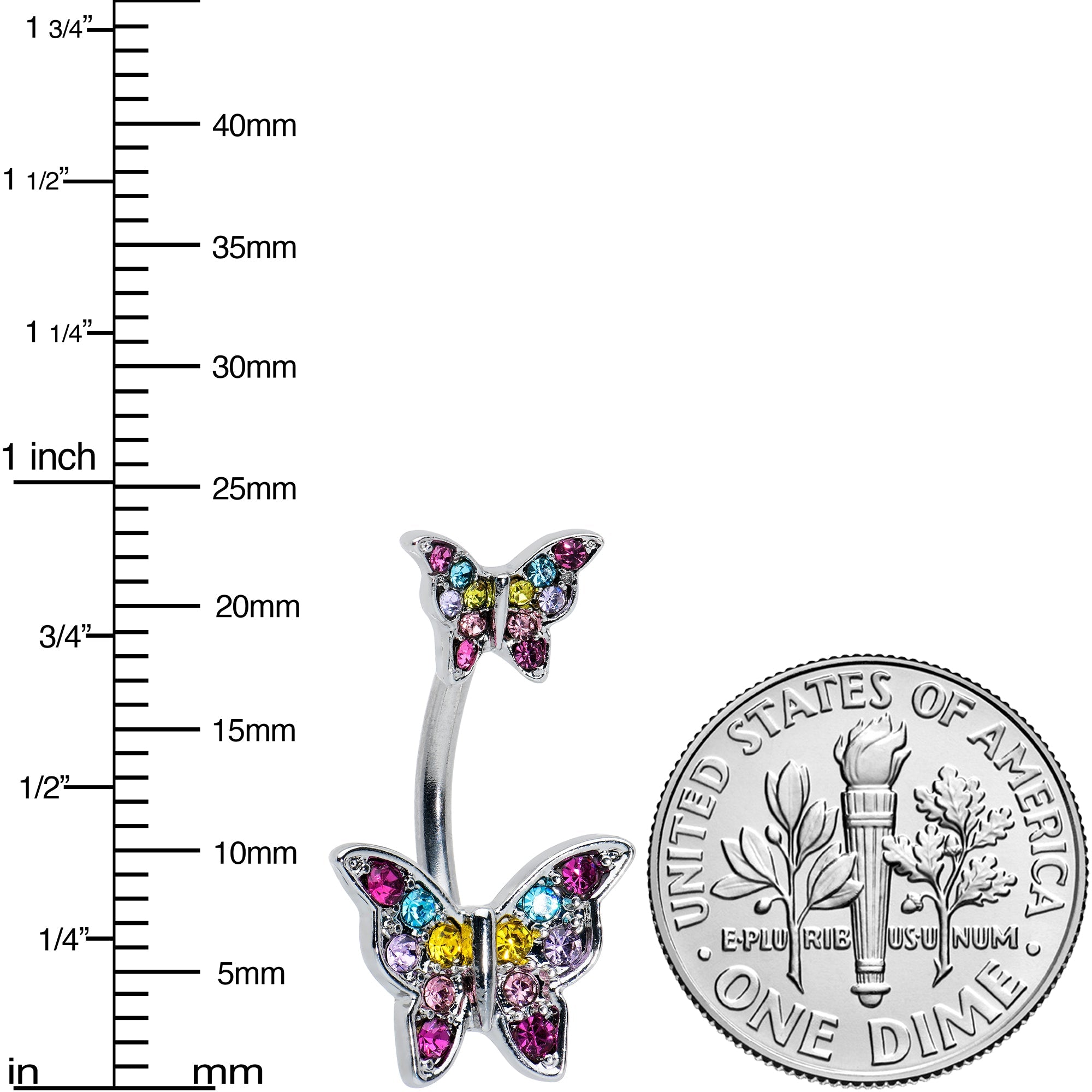 BodyCandy Pink Purple Blue Gem Double Butterfly Double Mount Belly Ring — detail close-up