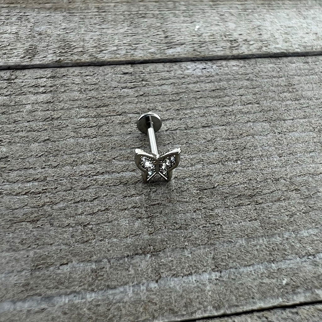 BodyCandy 16G 5/16 Clear Gem Butterfly Internally Threaded Labret Tragus — in-use photo