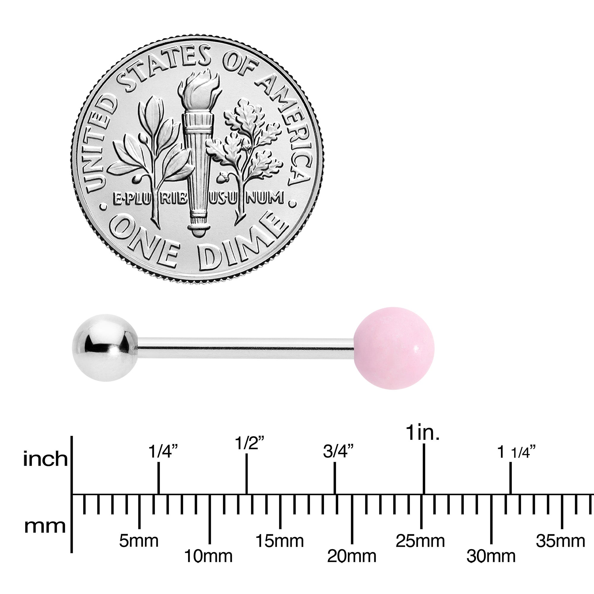 BodyCandy Pink Rose Quartz End Barbell Tongue Ring — side view