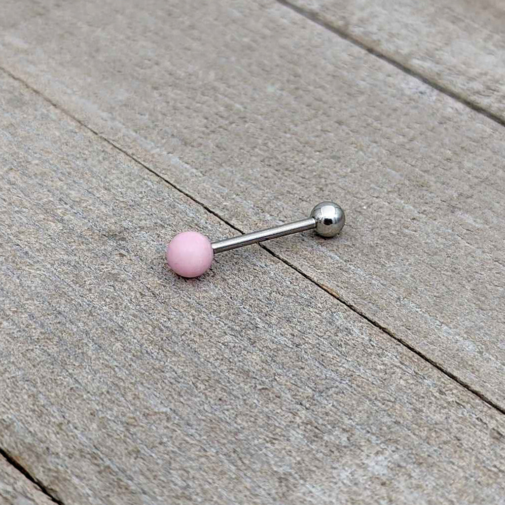 BodyCandy Pink Rose Quartz End Barbell Tongue Ring — in-use photo