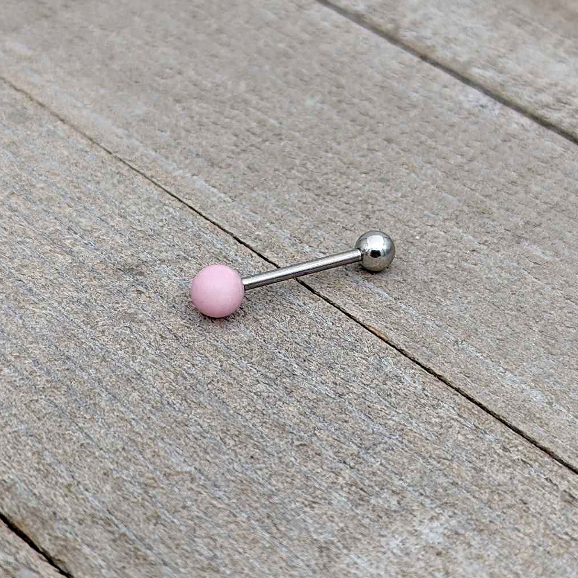 BodyCandy Pink Rose Quartz End Barbell Tongue Ring — in-use photo