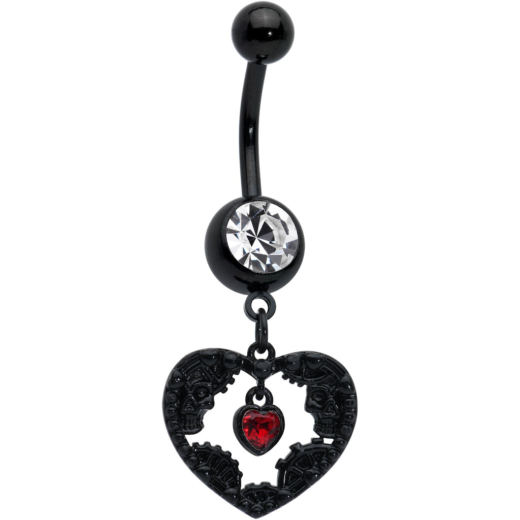 BodyCandy Clear Red Gem Black Skeleton Steampunk Heart Dangle Belly Ring — main product shot