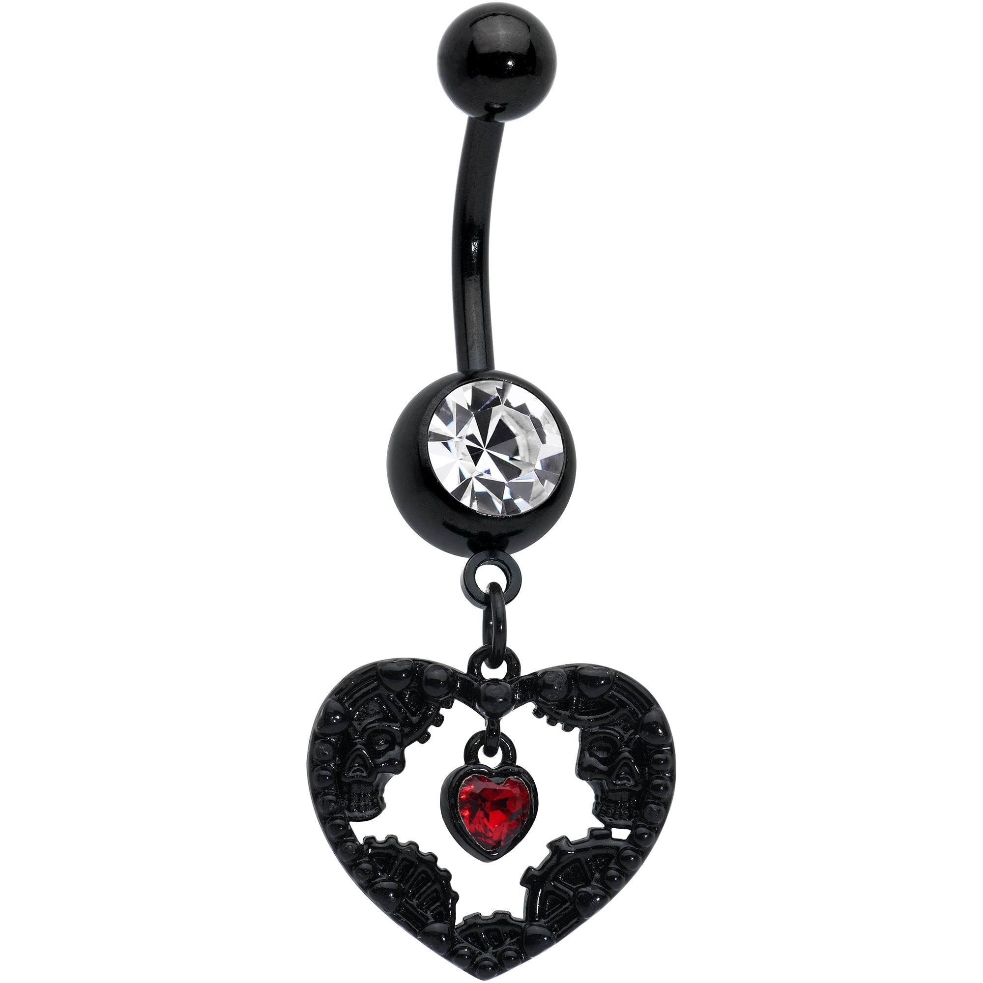 BodyCandy Clear Red Gem Black Skeleton Steampunk Heart Dangle Belly Ring — main product shot