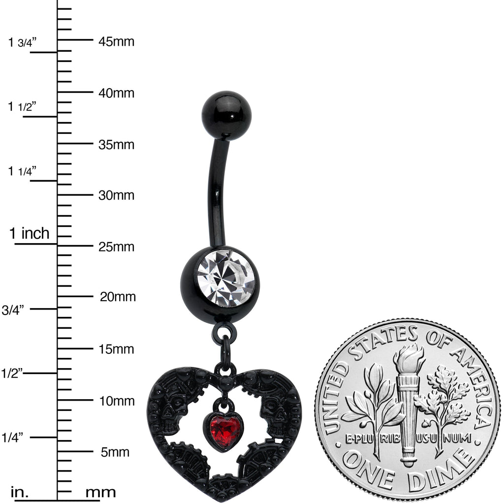 BodyCandy Clear Red Gem Black Skeleton Steampunk Heart Dangle Belly Ring — detail close-up