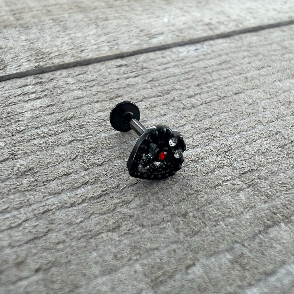 BodyCandy 16G 5/16 Red Gem Black Steampunk Skull Labret Monroe Tragus — back view