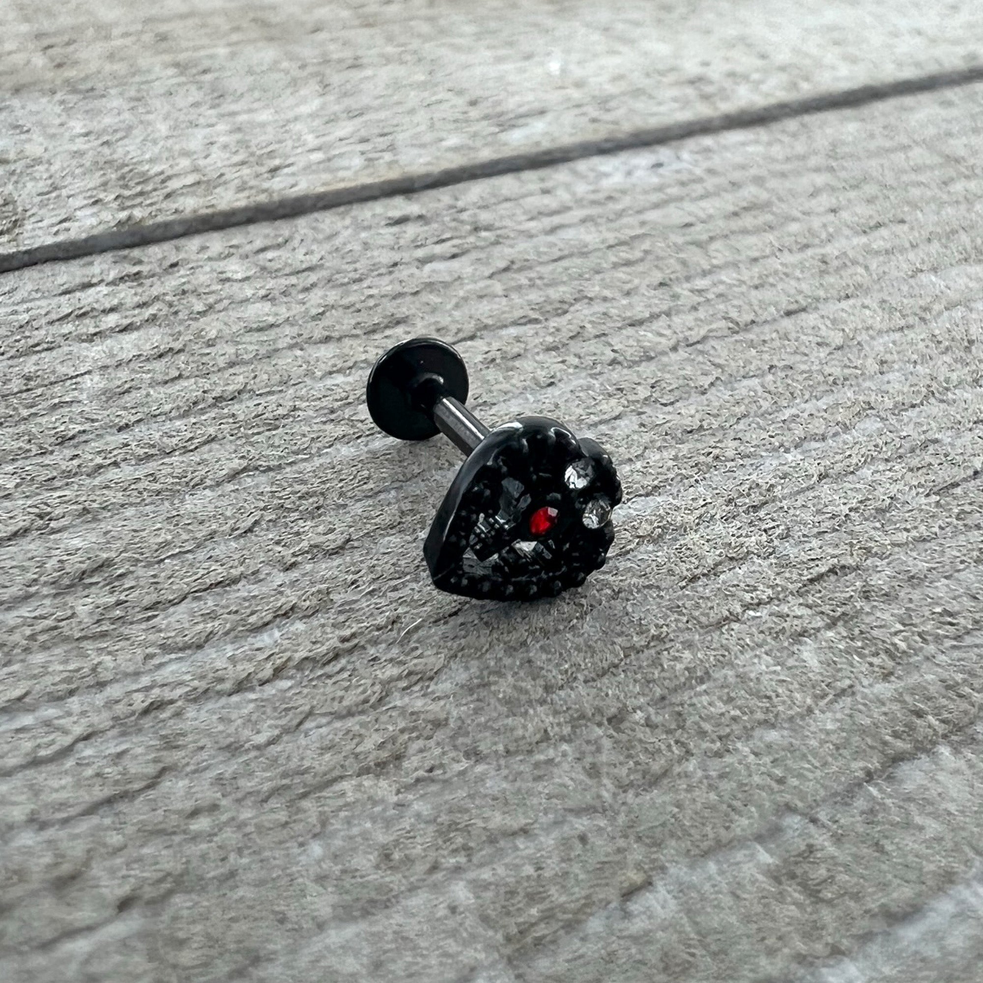BodyCandy 16G 5/16 Red Gem Black Steampunk Skull Labret Monroe Tragus — back view
