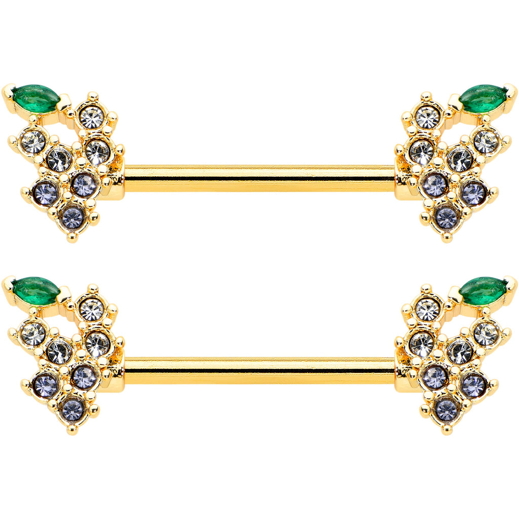 BodyCandy 14G 9/16 Clear CZ Gem Gold Tone Bunch Grapes Nipple Ring Set — detail close-up