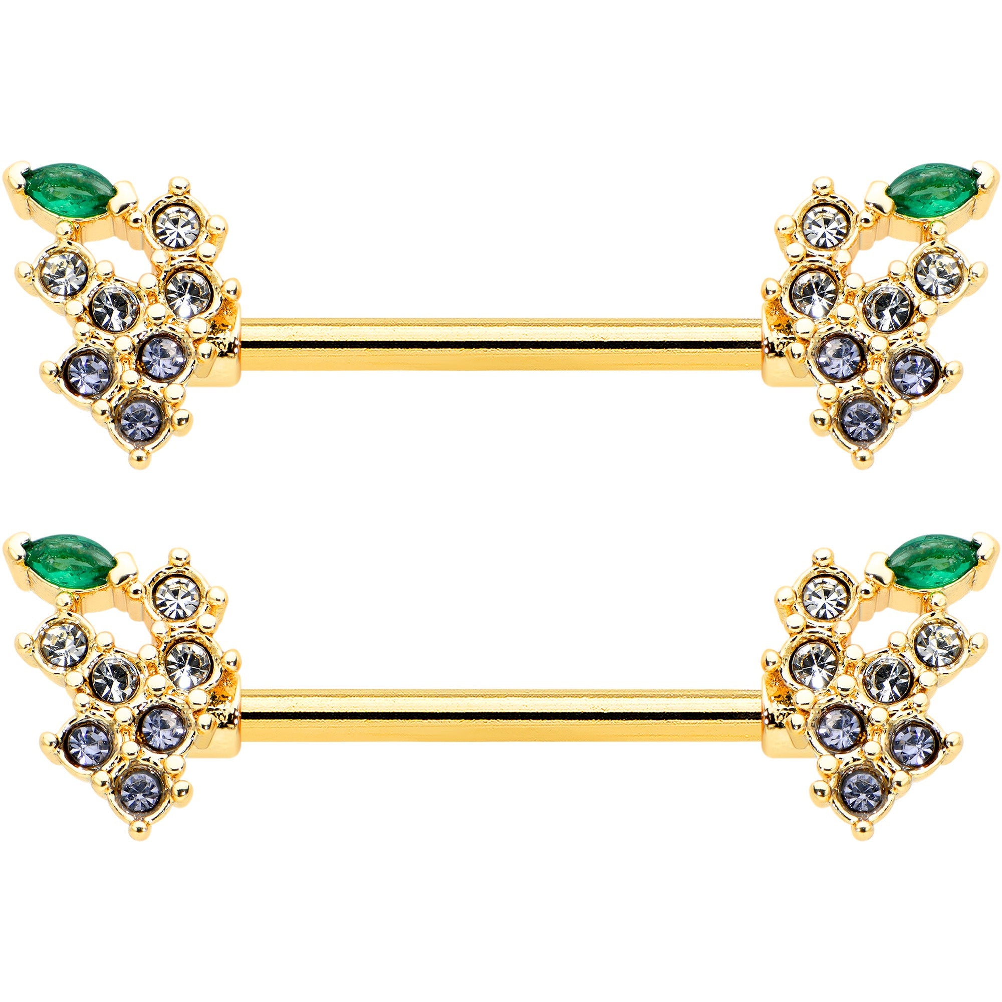 BodyCandy 14G 9/16 Clear CZ Gem Gold Tone Bunch Grapes Nipple Ring Set — detail close-up
