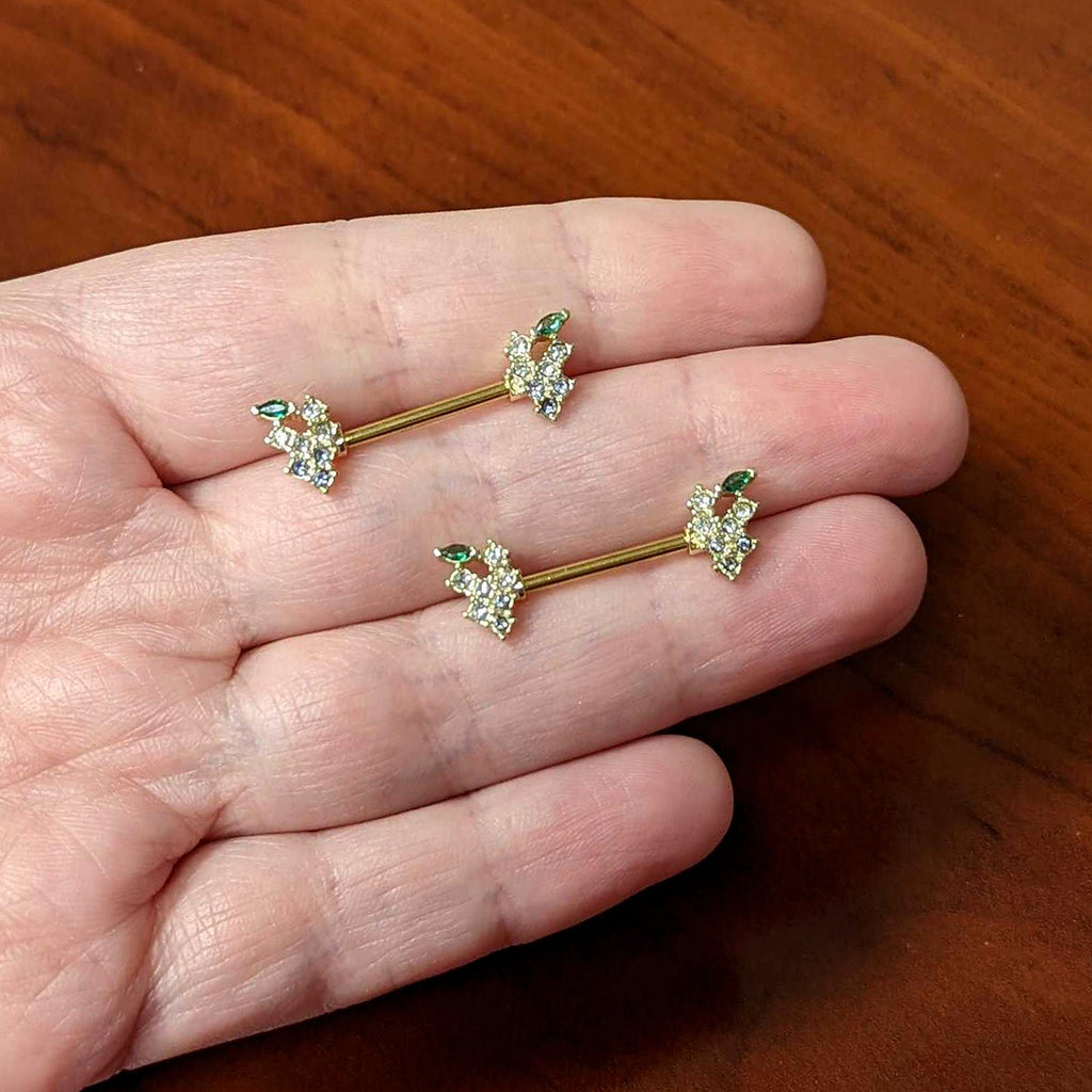 BodyCandy 14G 9/16 Clear CZ Gem Gold Tone Bunch Grapes Nipple Ring Set — side view