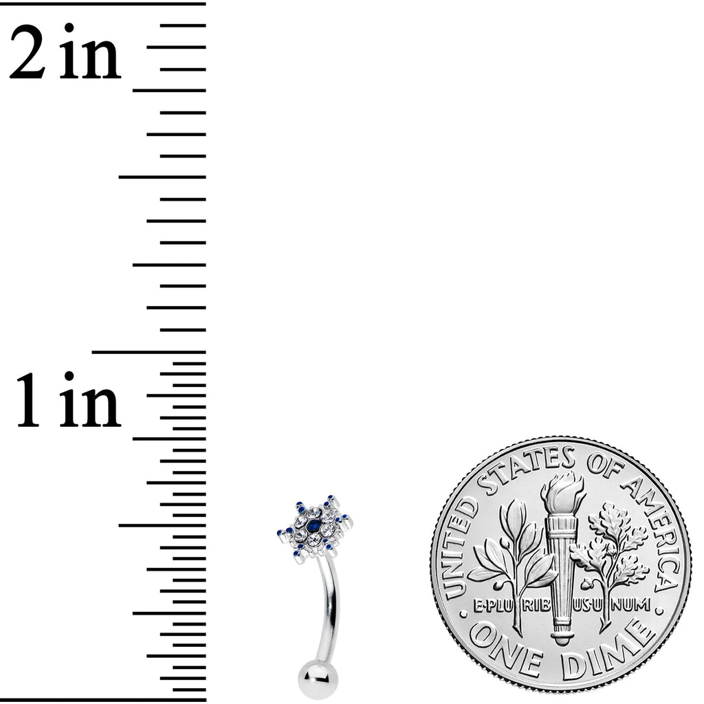 BodyCandy 16G 5/16 Blue Gem Festive Snowflake Christmas Curved Eyebrow Ring — detail close-up