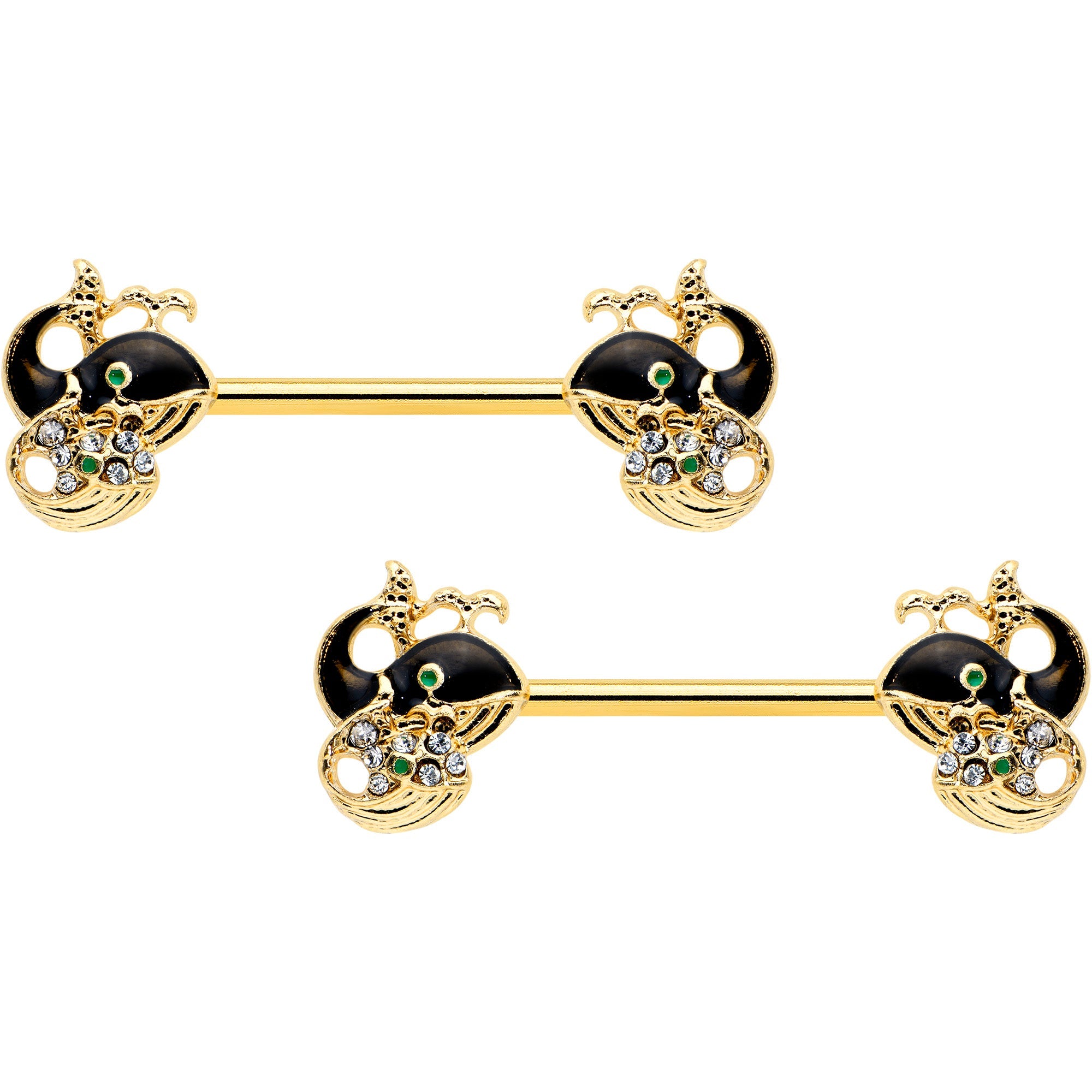 BodyCandy 14G 9/16 Clear Gem Gold Tone Mom Baby Whale Nipple Ring Set — main product shot