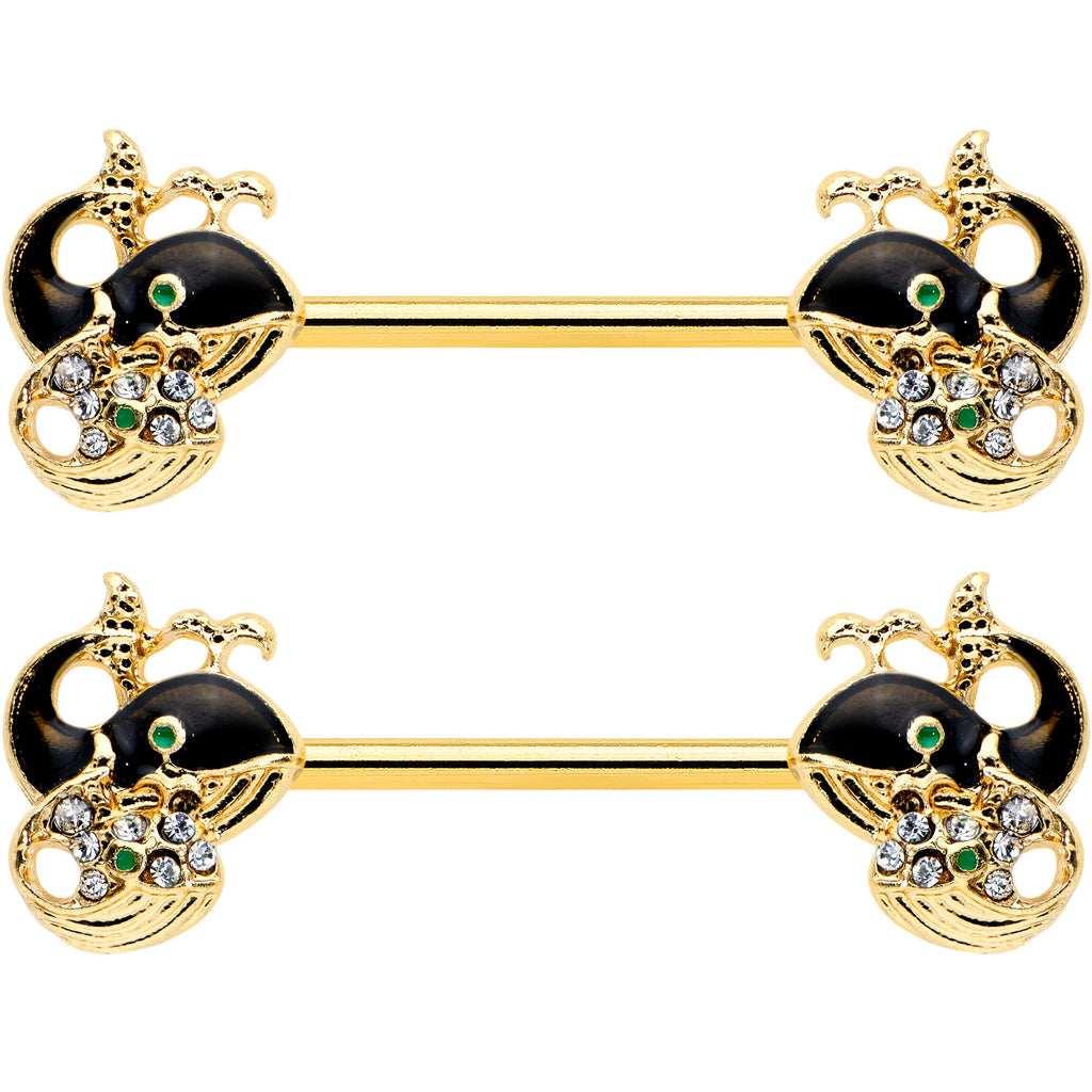 BodyCandy 14G 9/16 Clear Gem Gold Tone Mom Baby Whale Nipple Ring Set — detail close-up