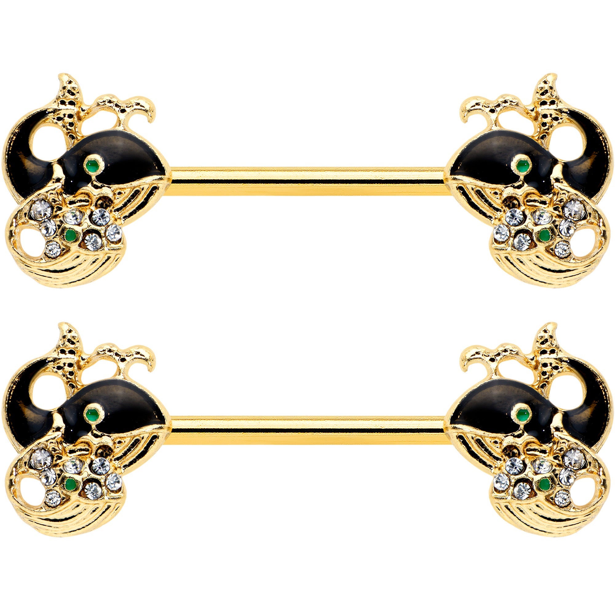 BodyCandy 14G 9/16 Clear Gem Gold Tone Mom Baby Whale Nipple Ring Set — detail close-up